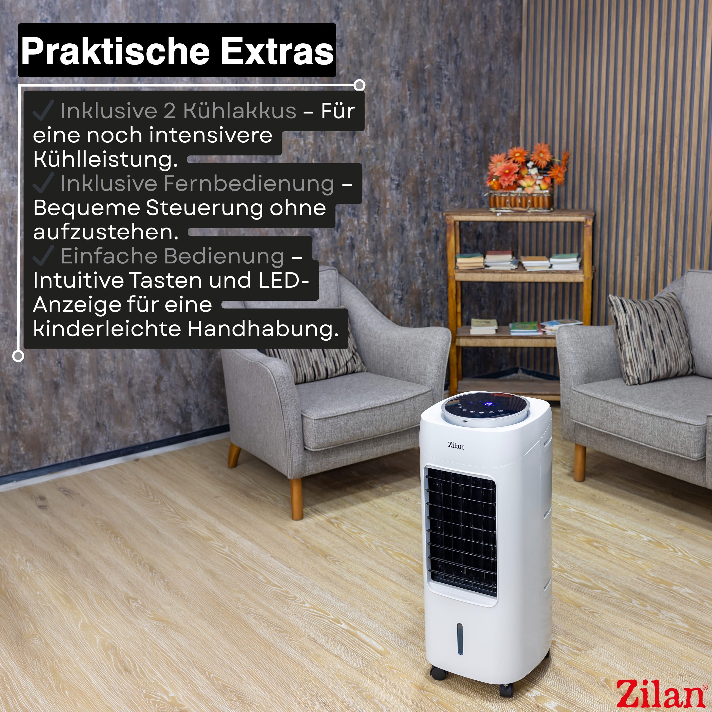 Ein weißer Zilan Luftkühler steht auf einem Holzboden neben einem Sessel.