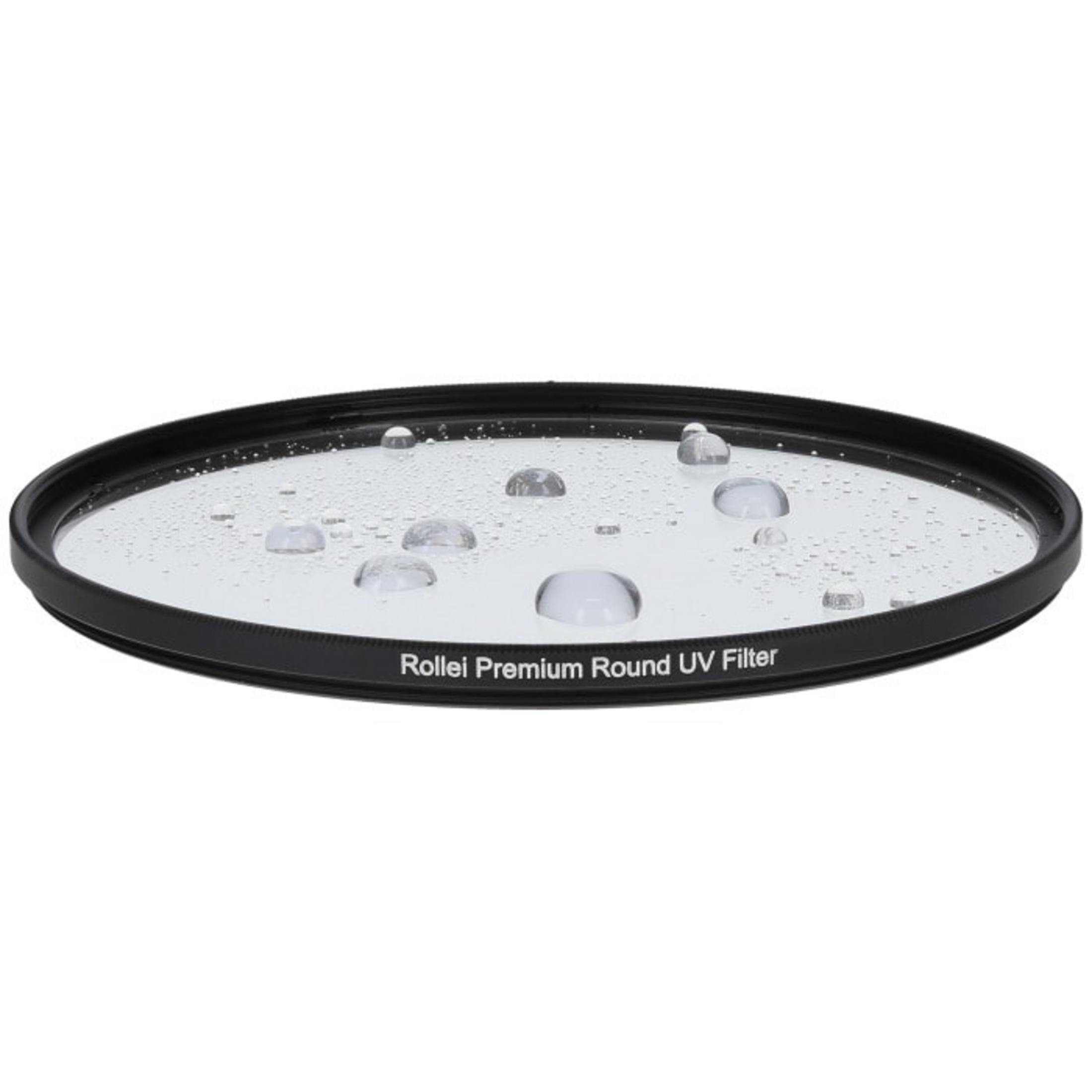 Rollei Premium Round UV Filter mit Wassertropfen auf der Glasoberfläche.