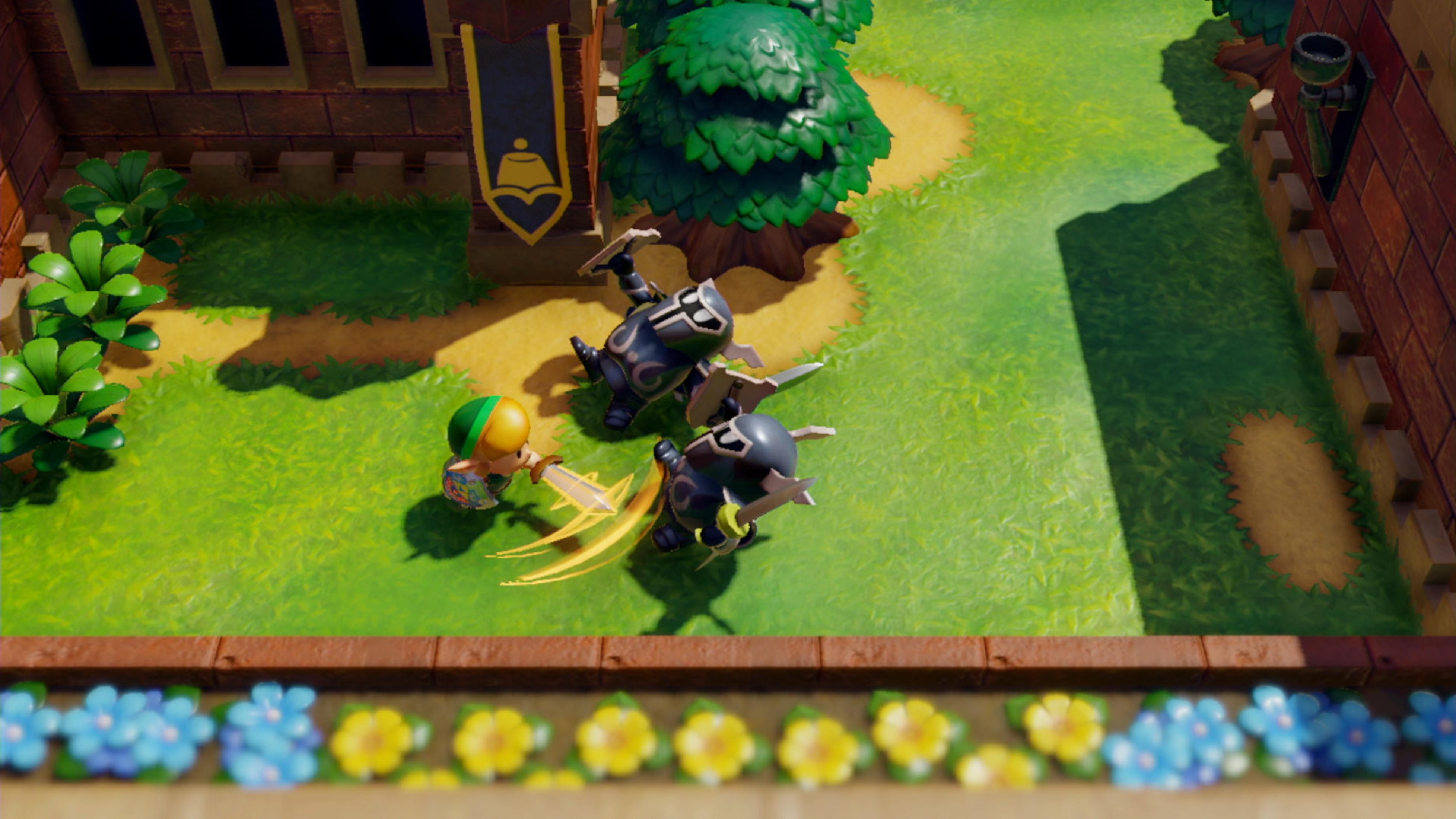 Link fights dark knights with a sword on a green lawn.