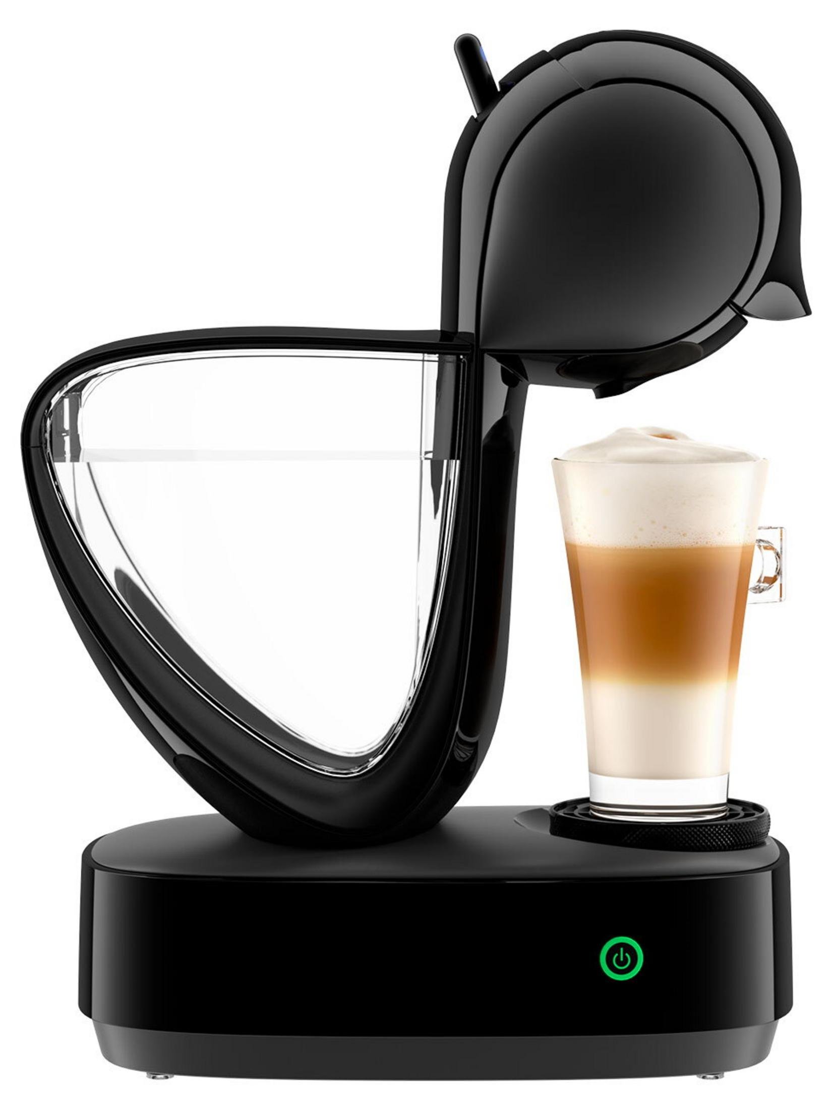 Macchina da caffè nera con serbatoio dell'acqua e un bicchiere di latte macchiato.