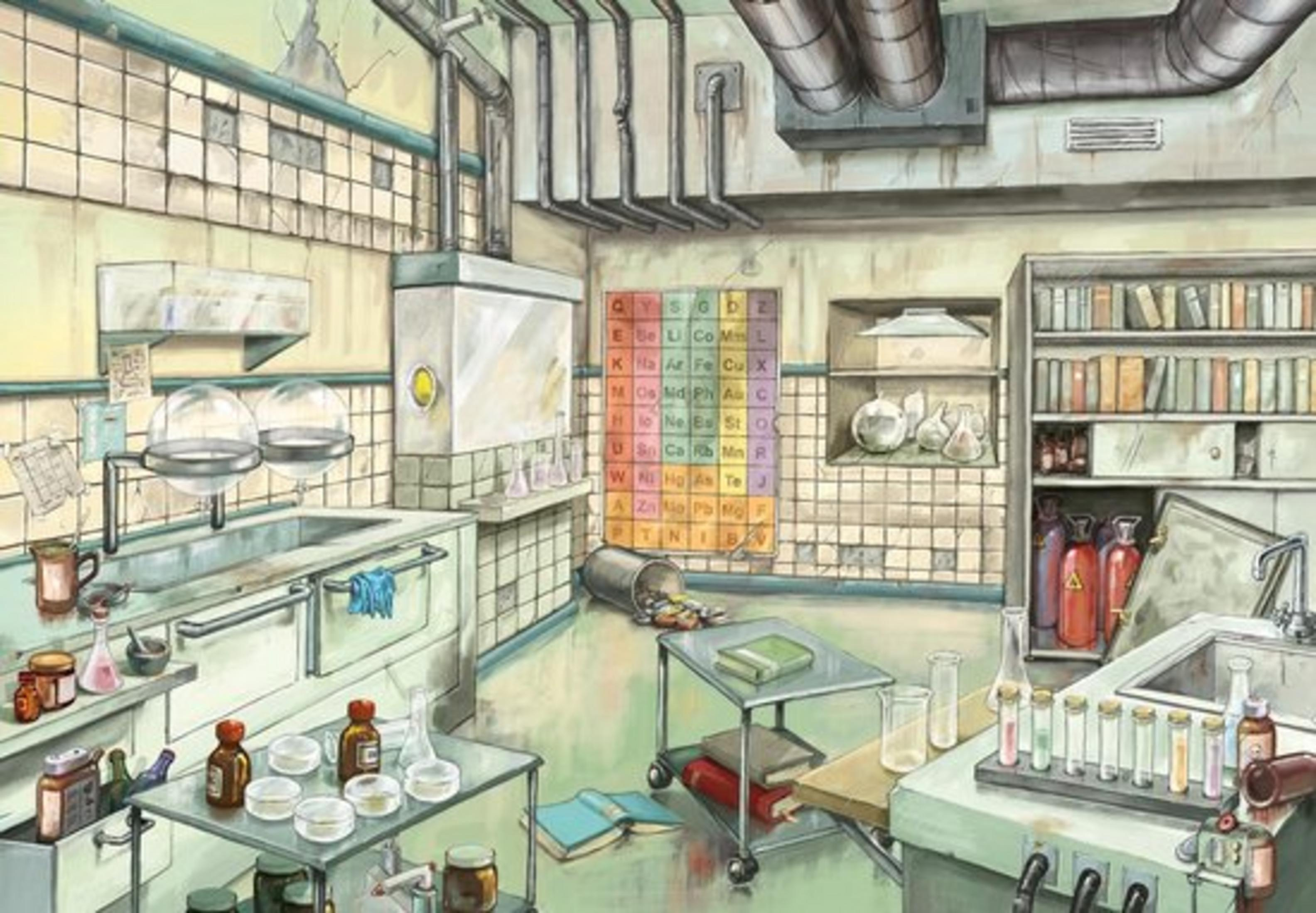 Un laboratorio scientifico caotico con attrezzature, bottiglie, libri e tavola periodica.