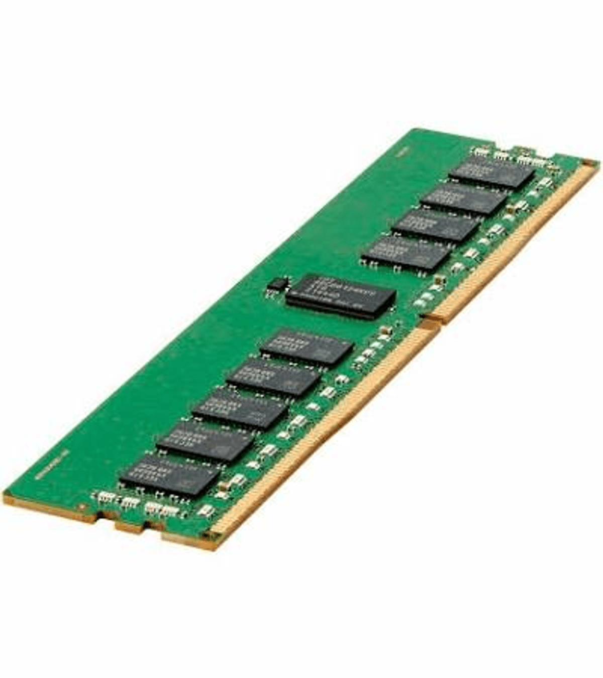 Un modulo RAM verde con chip neri e contatti dorati.