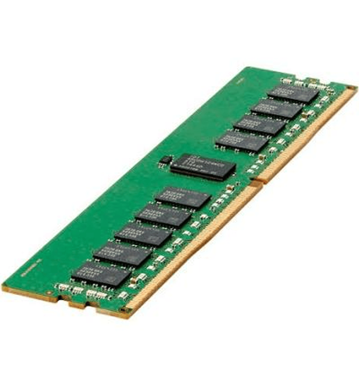 Un modulo RAM verde con chip neri e contatti dorati.
