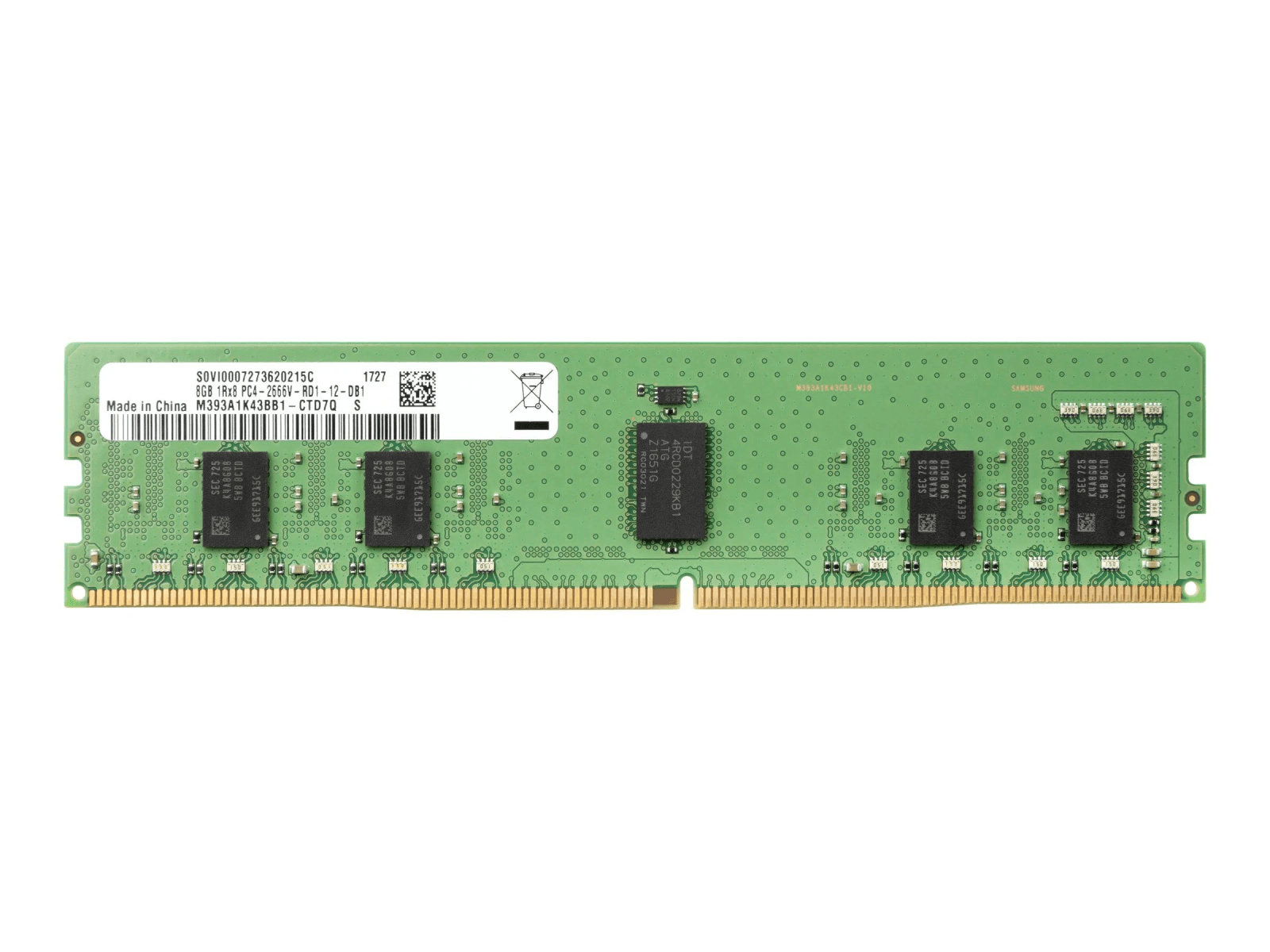 Un modulo RAM per computer verde con contatti argentati e chip neri.