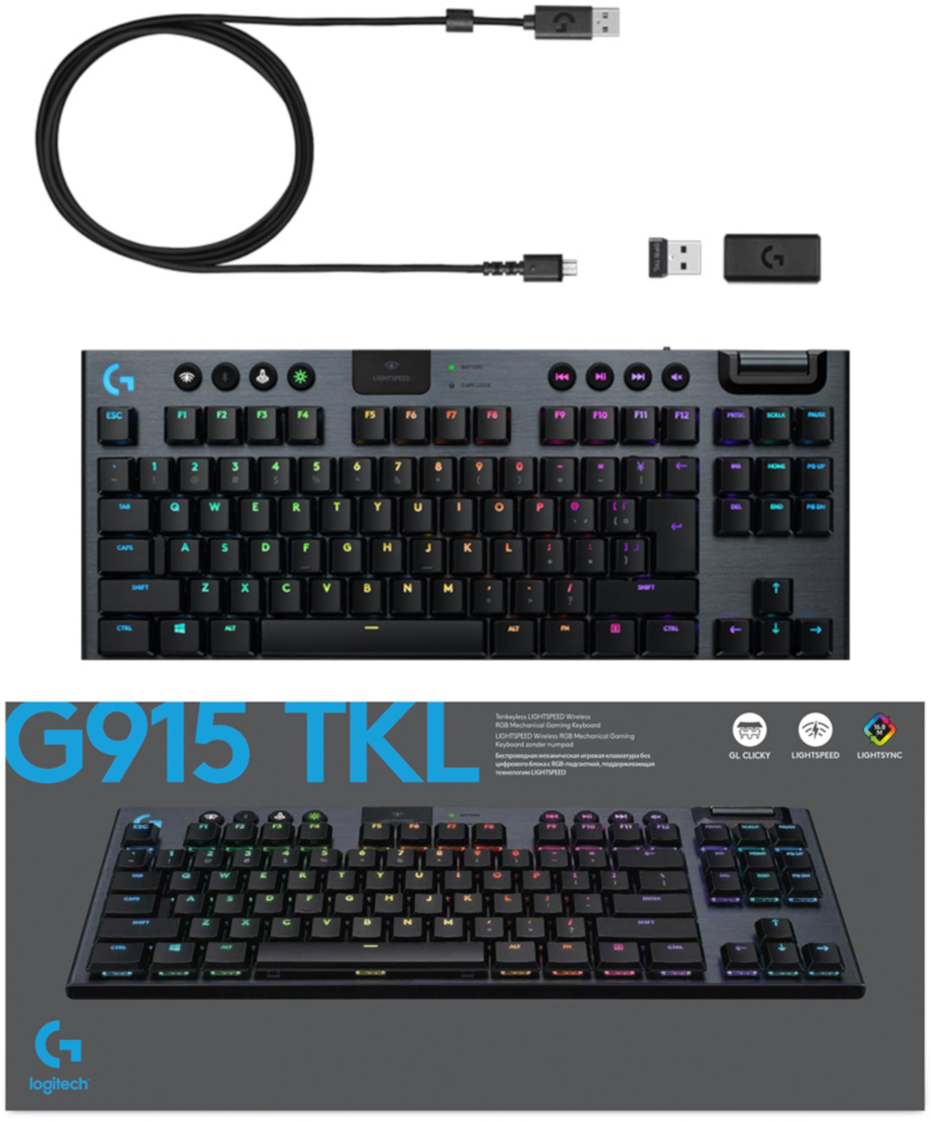 Teclado para juegos Logitech G915 TKL con cable y dongle.