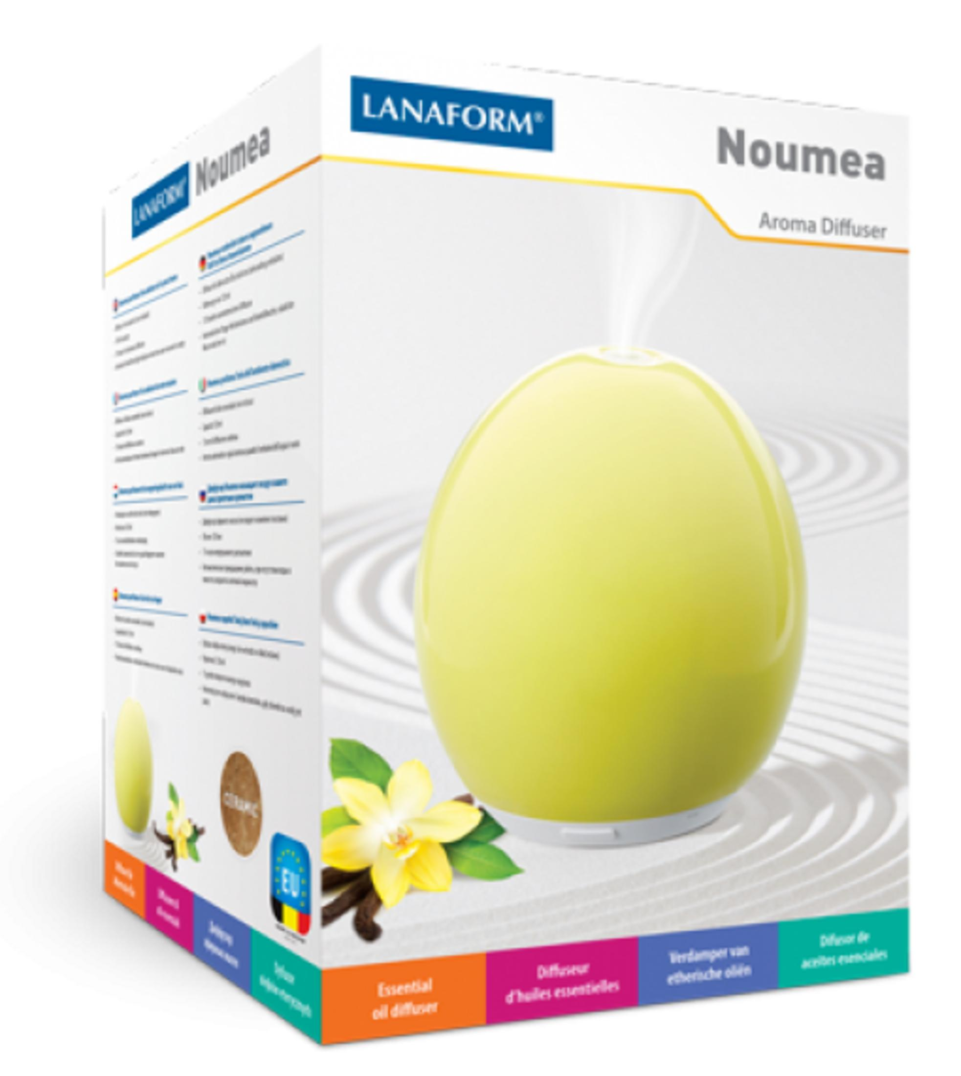Ein hellgrüner Aroma-Diffusor von Lanaform mit aufsteigendem Dampf.