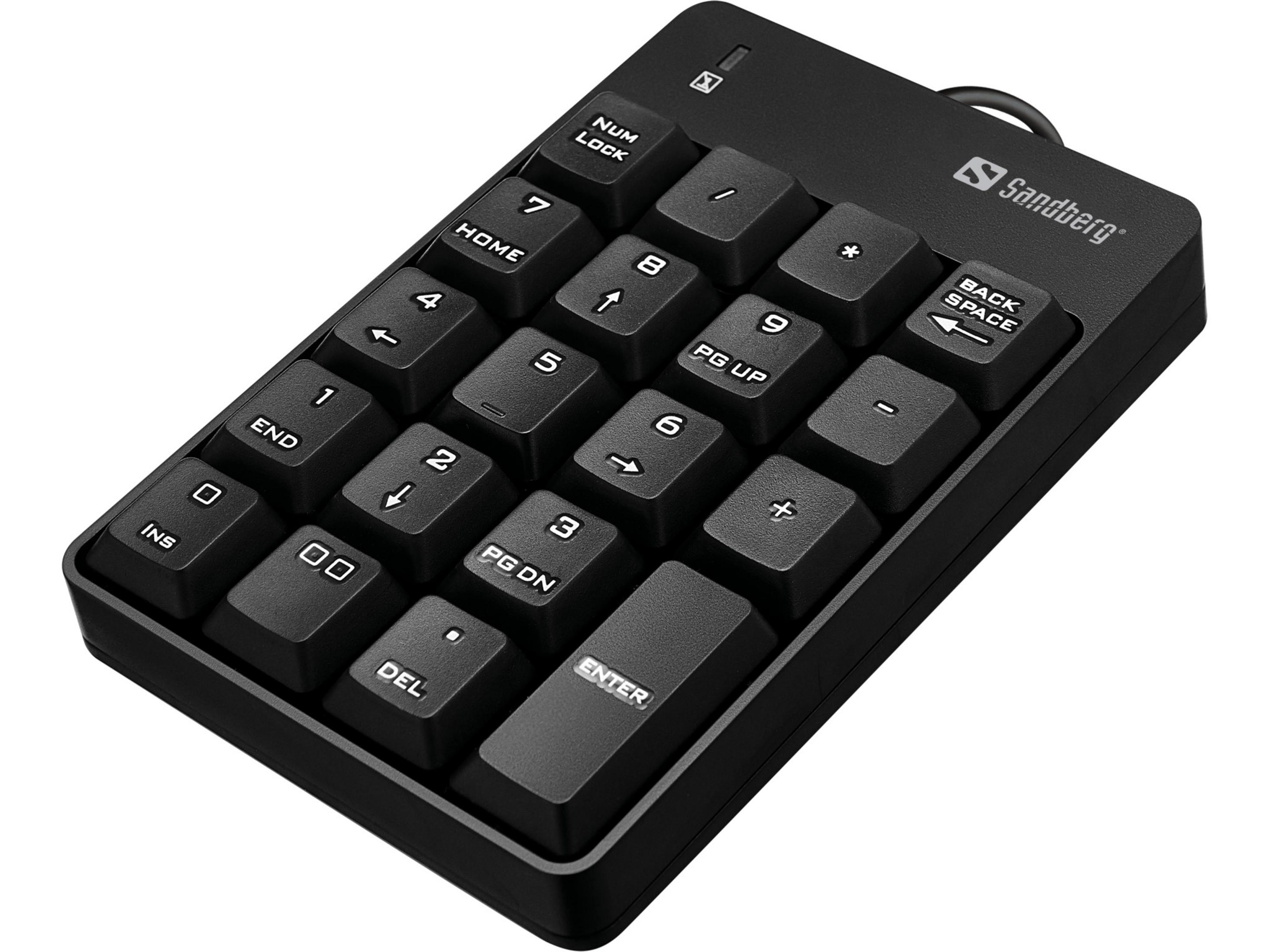 Tastierino numerico Sandberg nero con tasti etichettati.