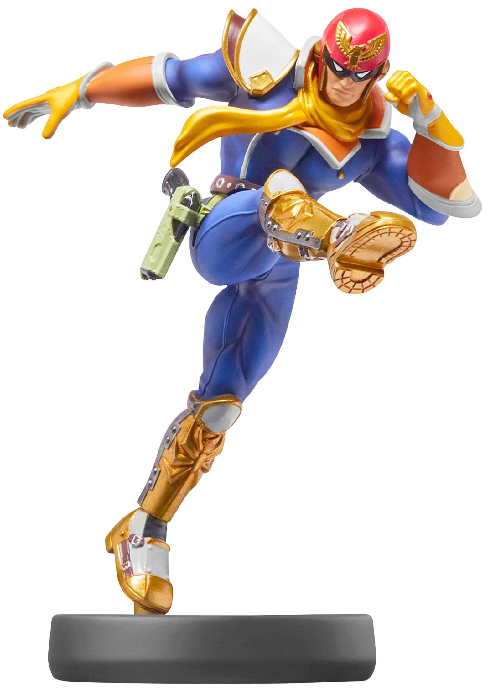 Une figurine de Captain Falcon en pose d'action, portant un costume bleu et une armure dorée.