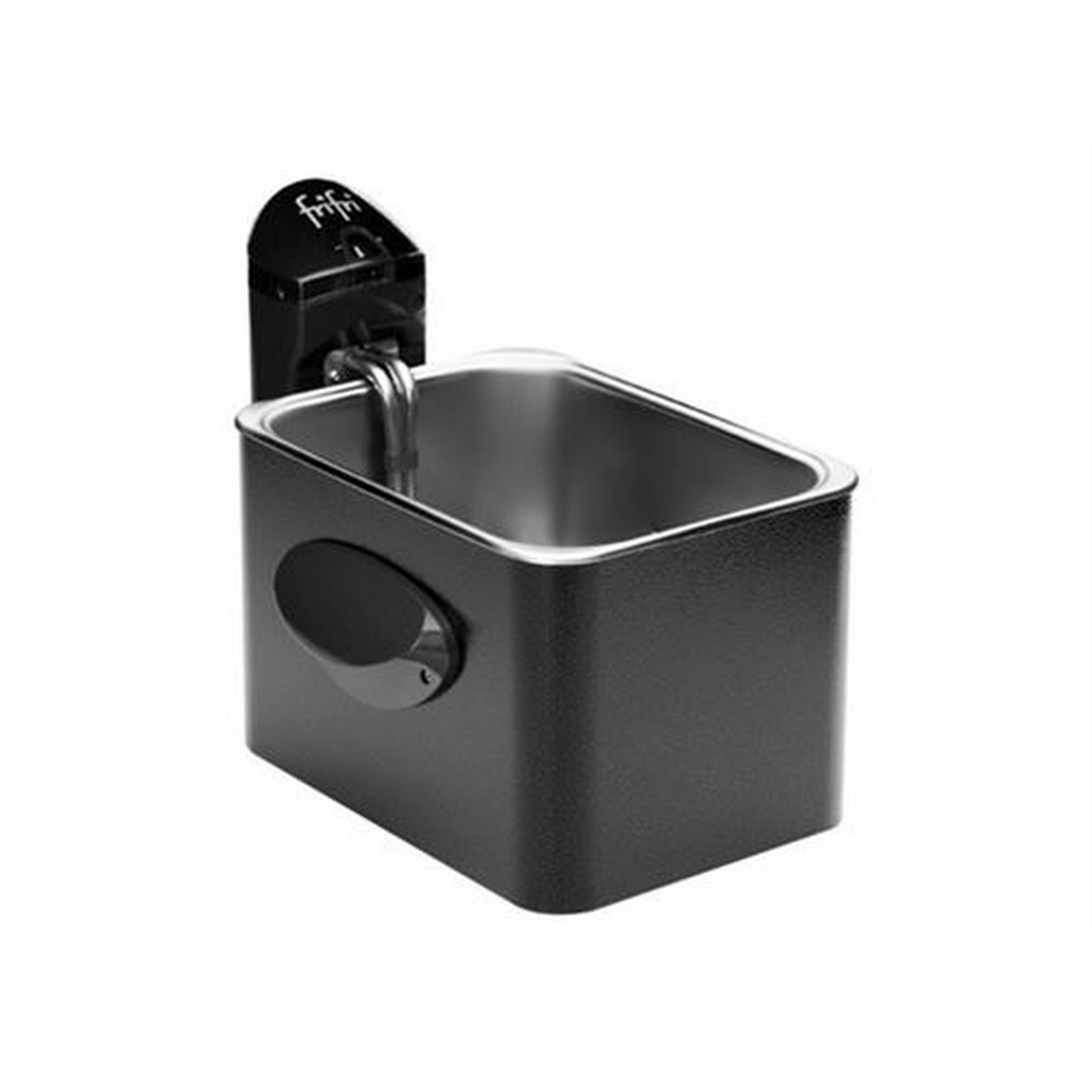 A black electric fryer with a silver basket and black handle.