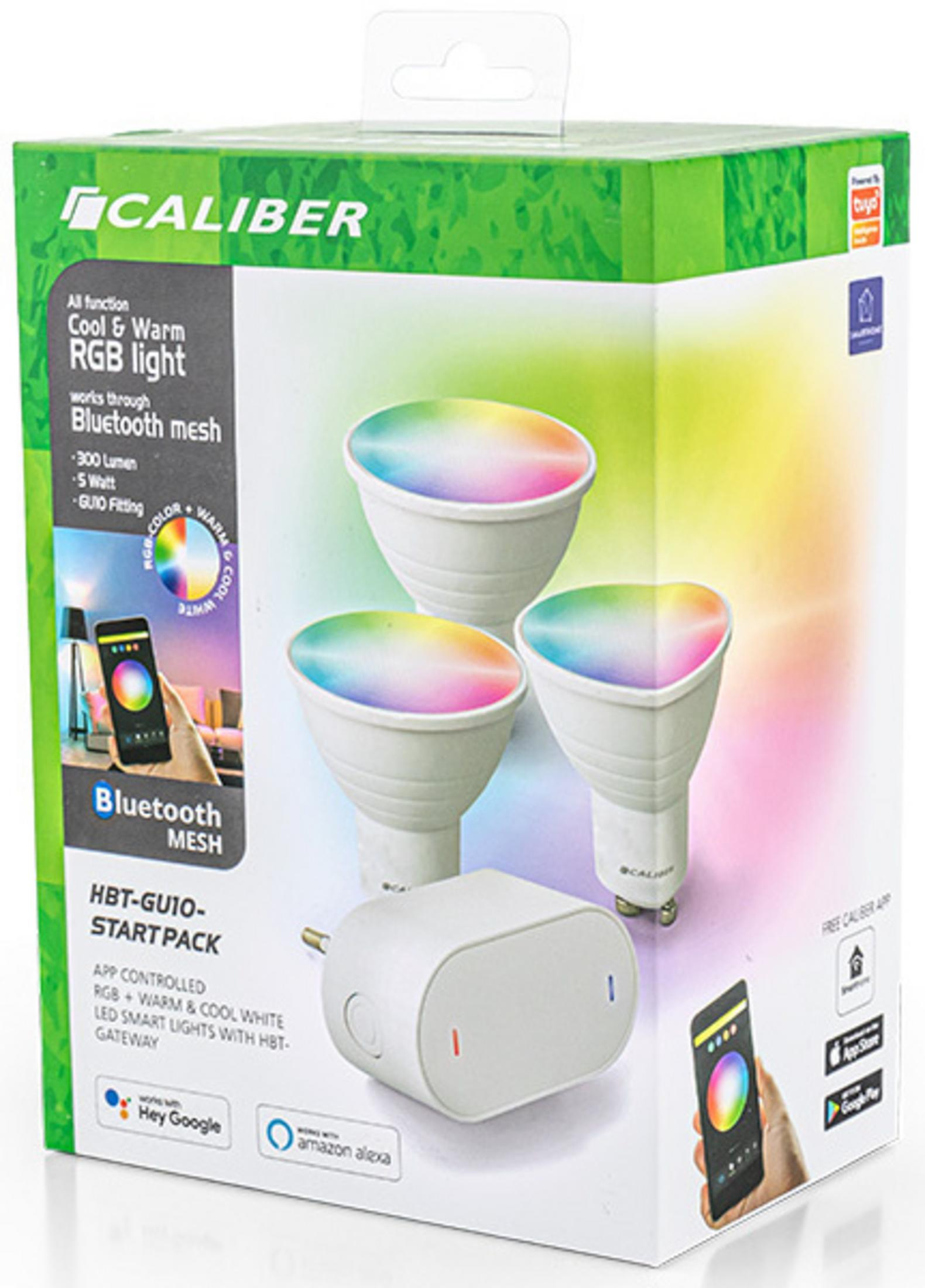 Verpackung für Caliber RGB-Smart-Lichter mit Gateway und App-Steuerung.