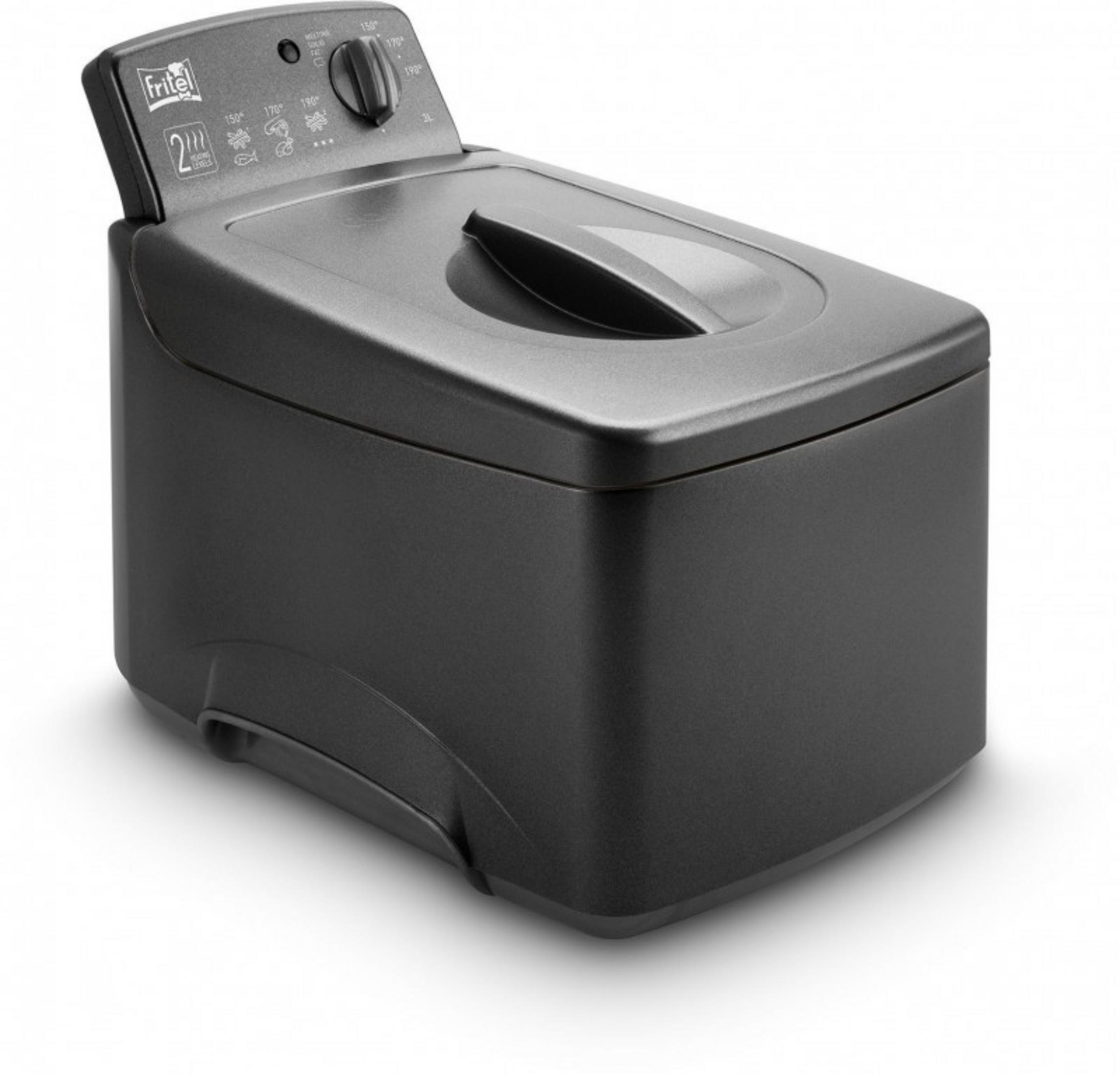 A black deep fryer with control panel and temperature indicators.