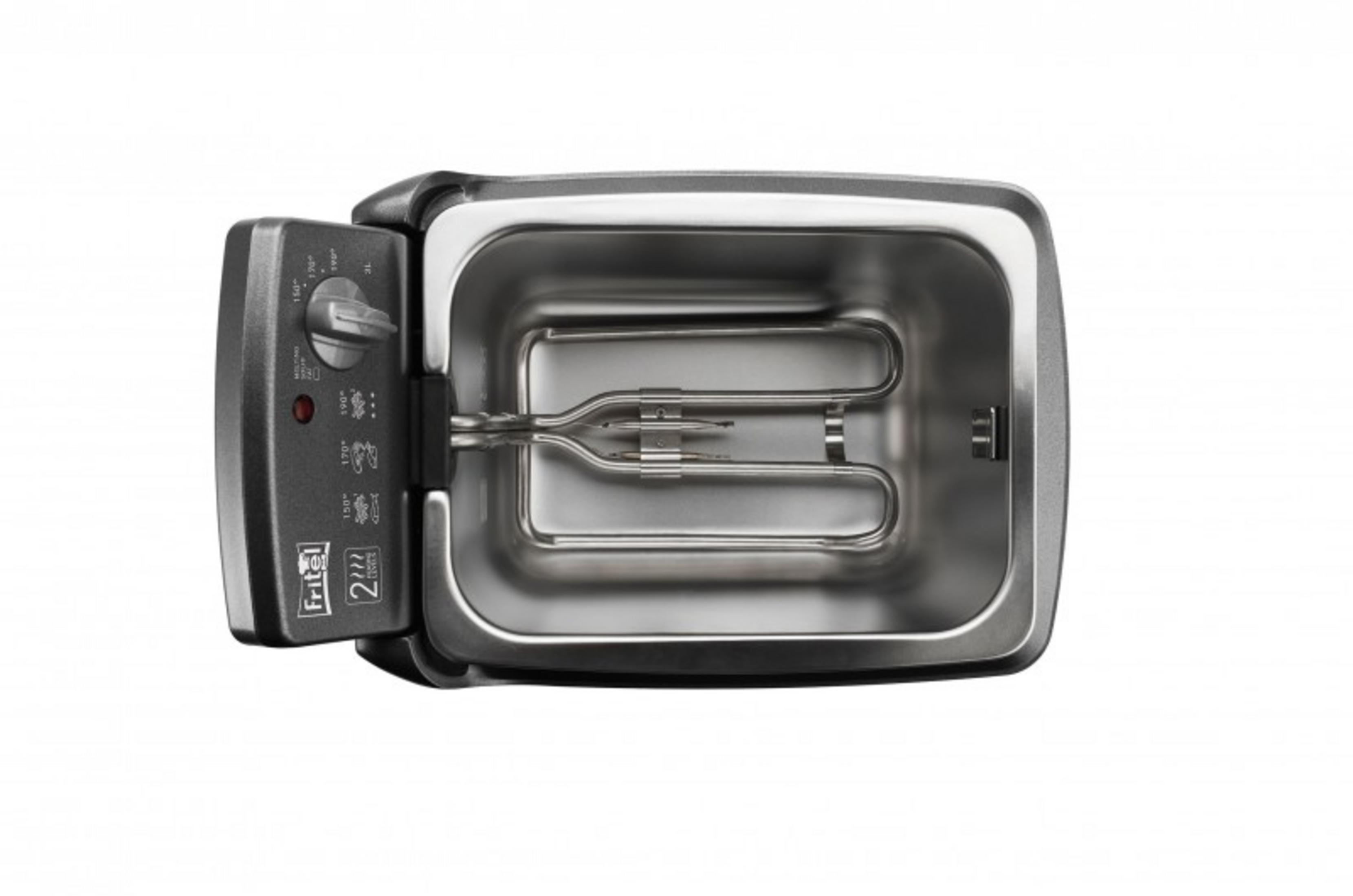 An open deep fryer with a silver interior and heating element.