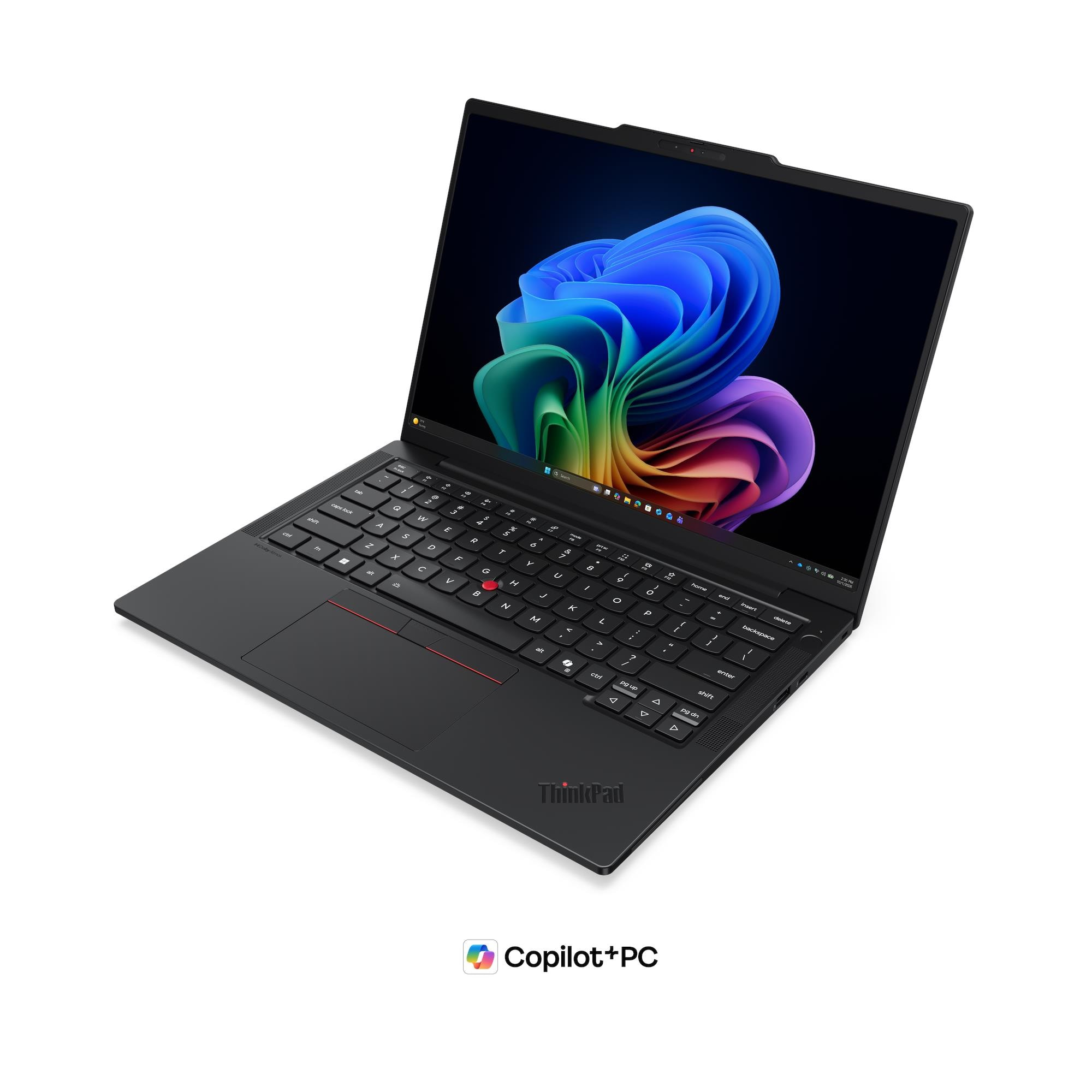 Laptop nero con tastiera illuminata e sfondo colorato.