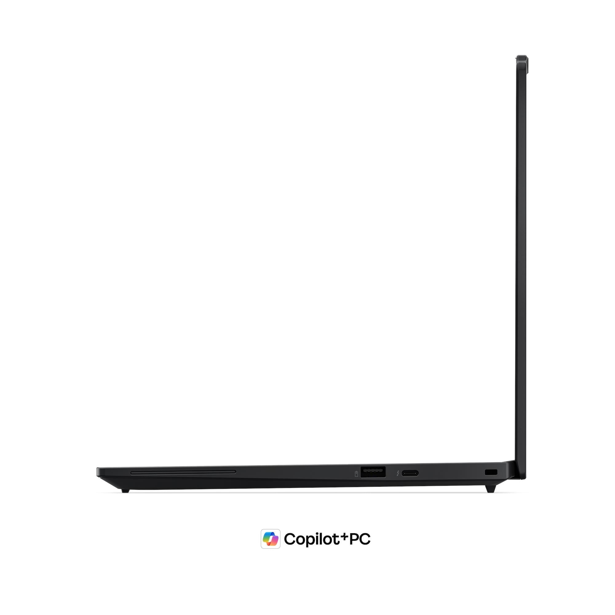 Laptop nero di profilo con porte USB-C e USB-A.