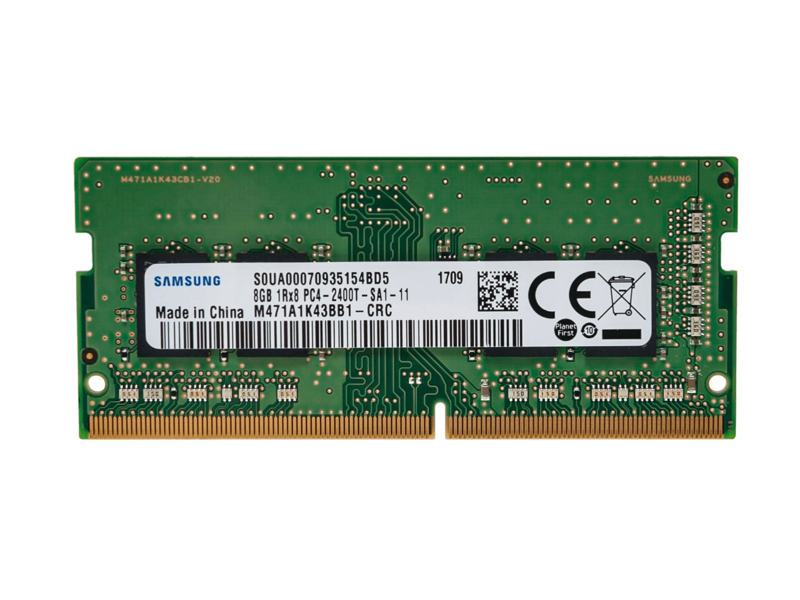 Modulo RAM Samsung verde con etichette e contatti dorati.