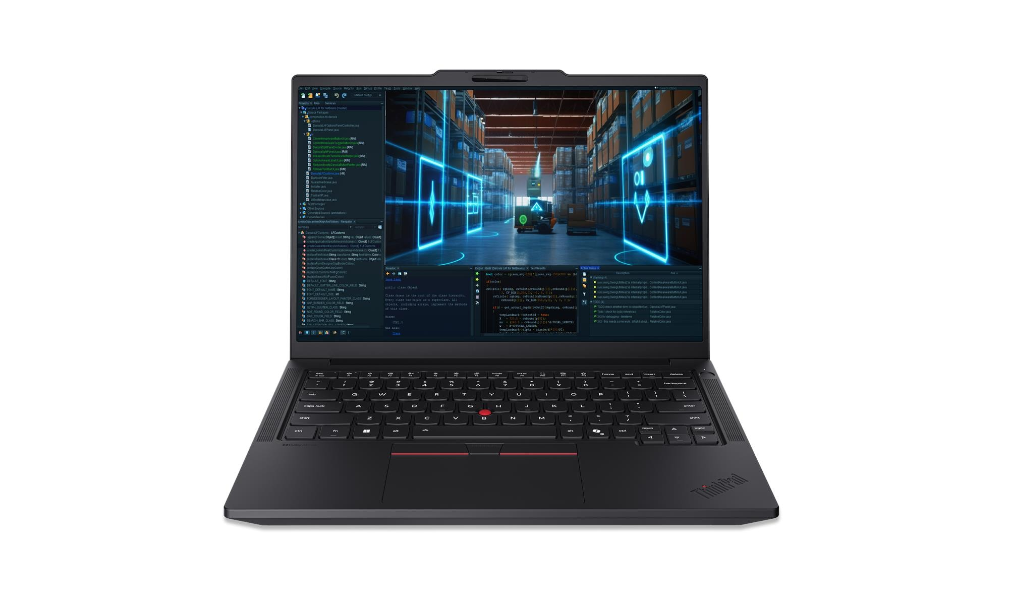 Un laptop che visualizza un editor di codice con un gioco di simulazione di magazzino.