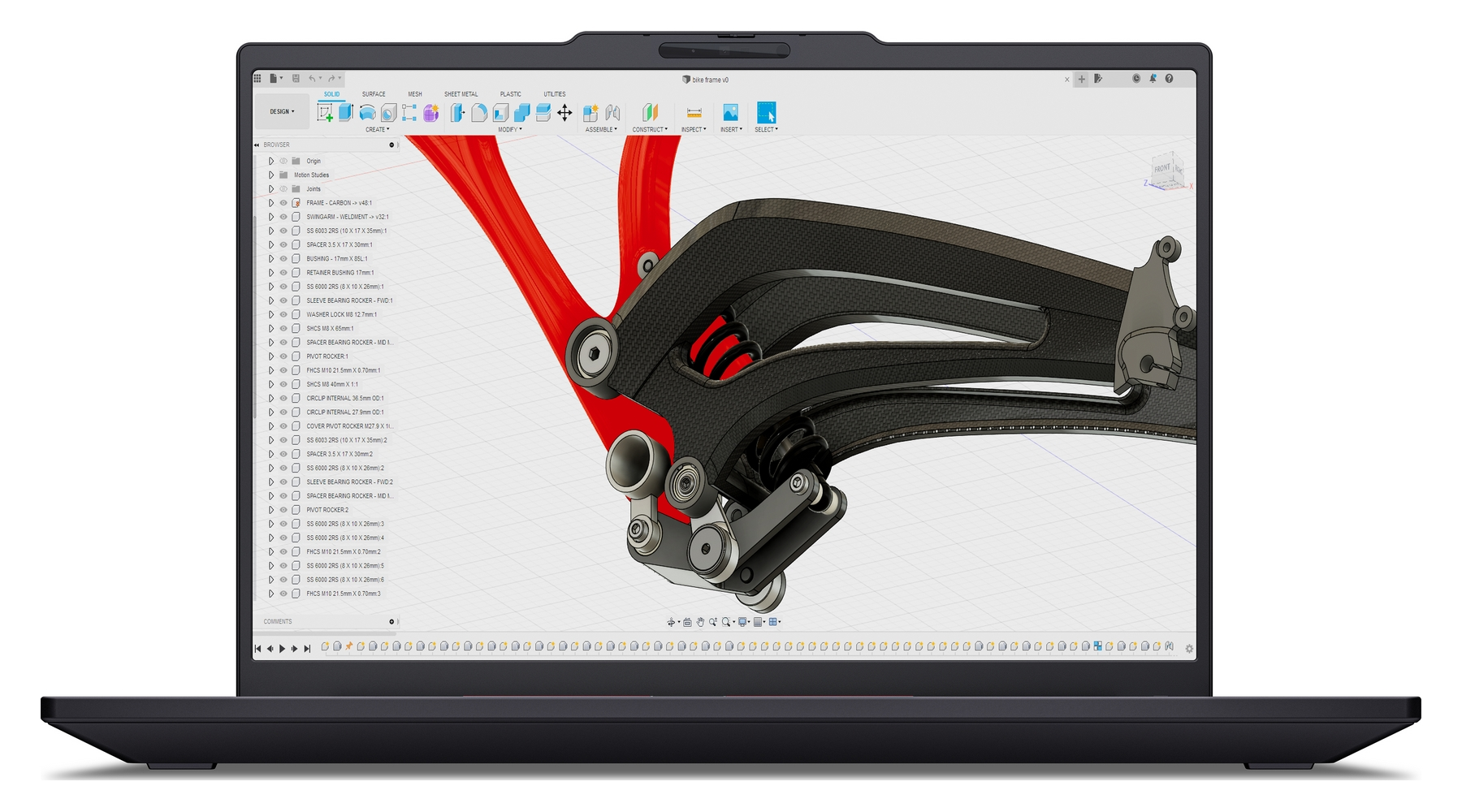 Primo piano di un modello CAD 3D di telaio di bicicletta con parti rosse e nere.