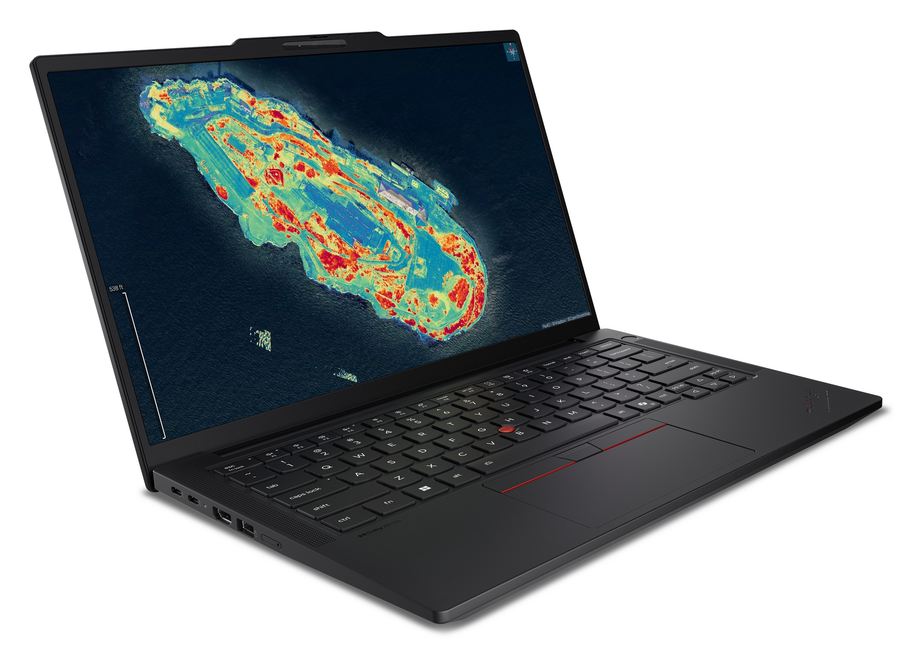 Un laptop nero mostra una mappa topografica colorata sul suo schermo.