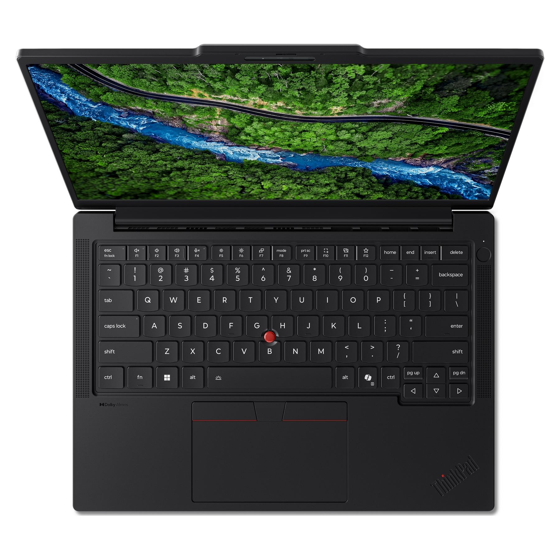 Laptop nero con schermo aperto che mostra un paesaggio fluviale.