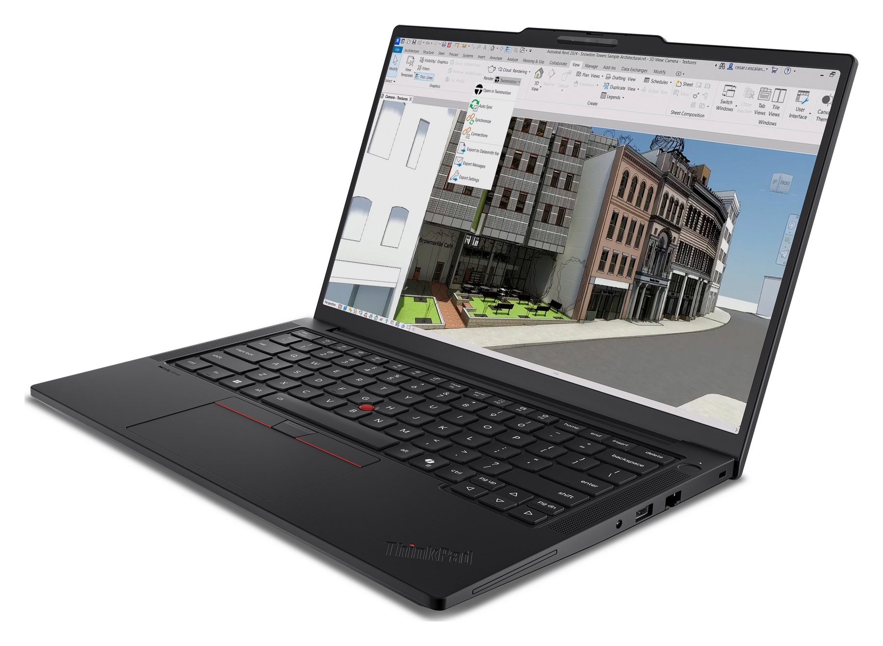 Un laptop nero mostra una vista architettonica 3D di edifici e spazi esterni.
