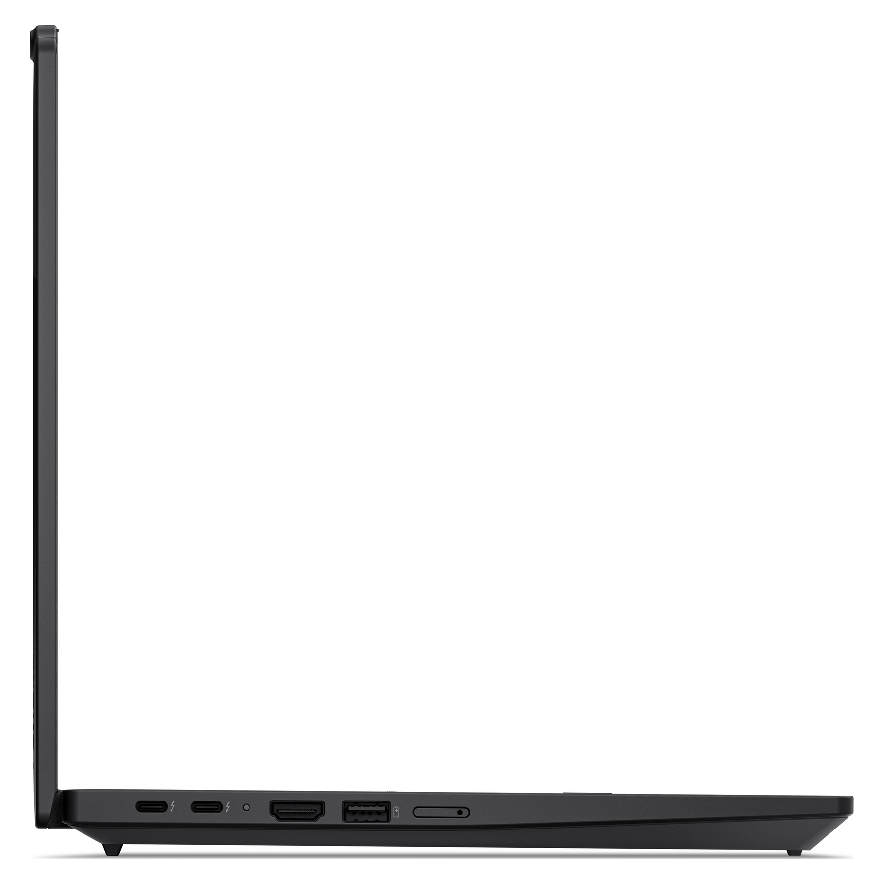 Vista laterale di un laptop nero che mostra le porte: due USB-C, HDMI e USB-A.