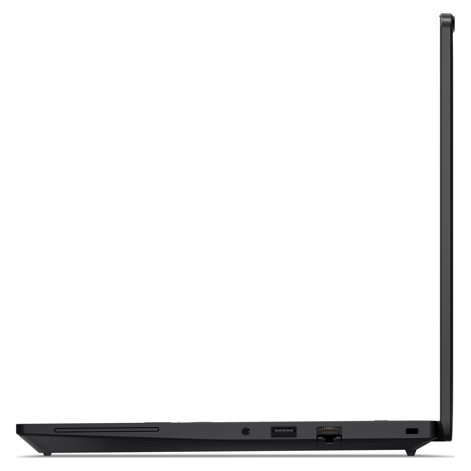 Vista laterale di un laptop nero che mostra porte e aperture di ventilazione.