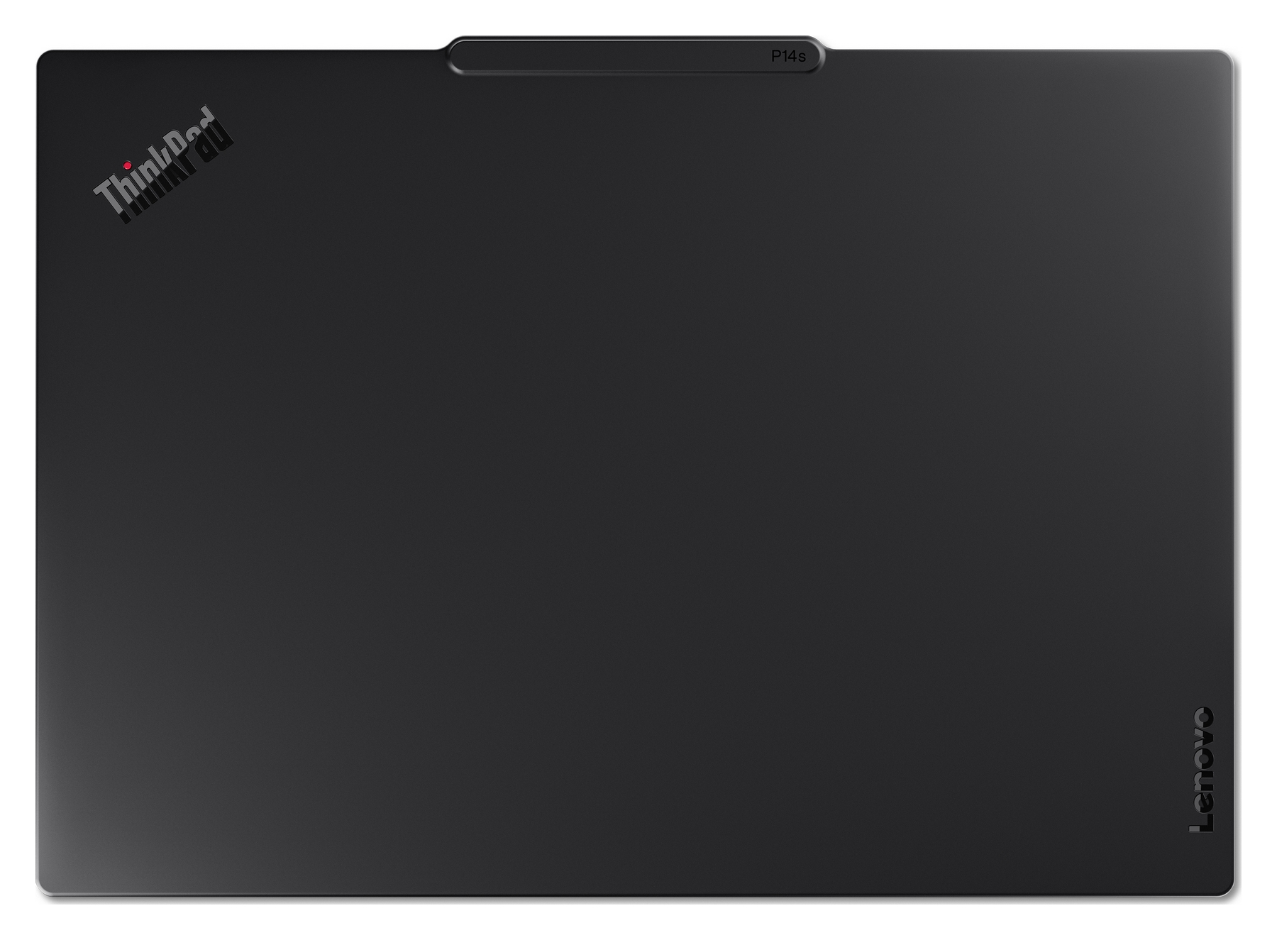 Coperchio laptop nero con loghi ThinkPad e P14s.