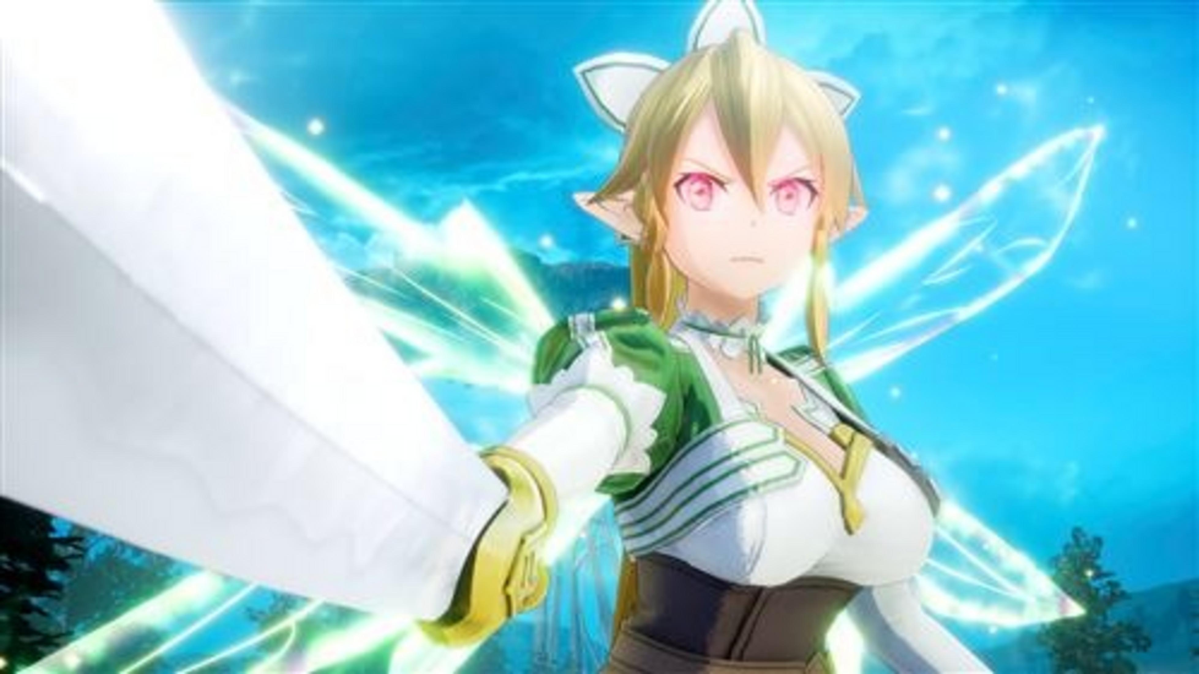 Anime personage met blond haar, roze ogen, elf-oren, houdt een gloeiend wit zwaard vast.