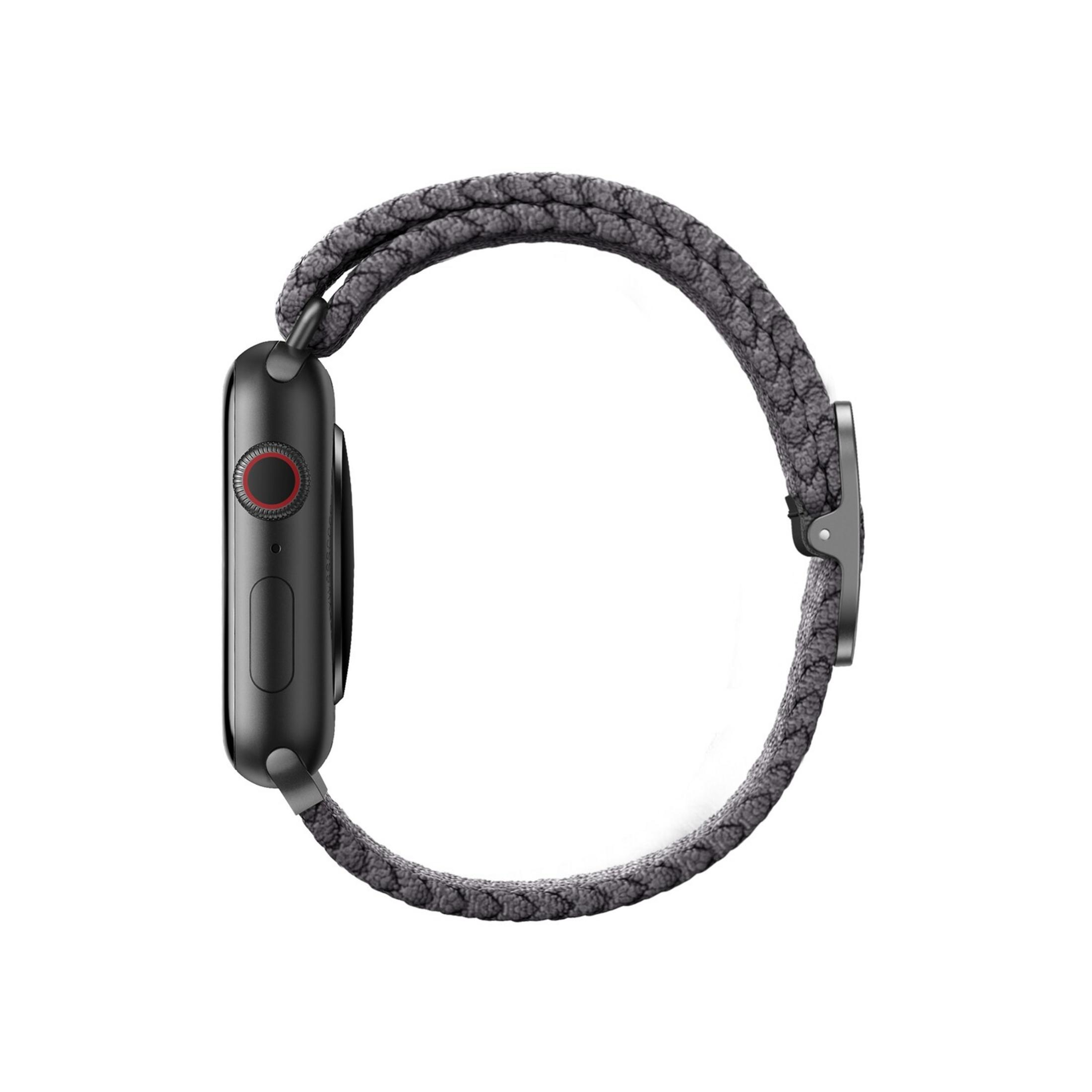 Eine graue Apple Watch mit einem geflochtenen Armband, von der Seite gezeigt.