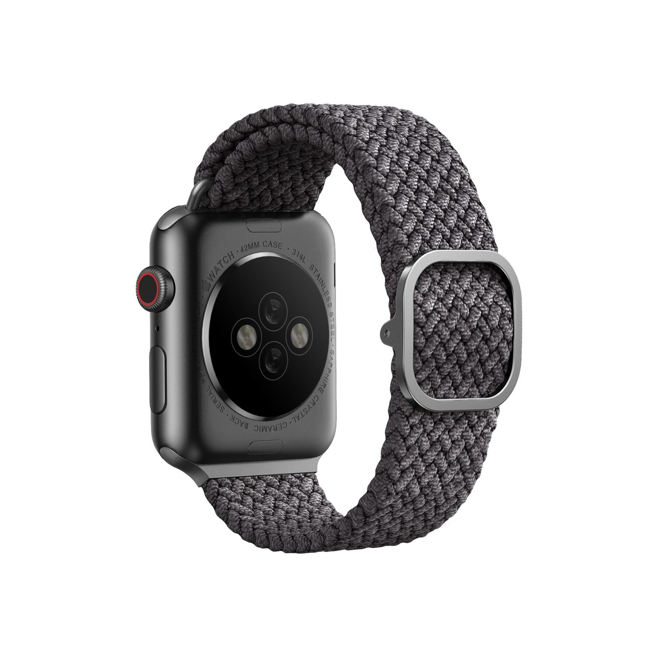 Dunkelgraue Smartwatch mit gewebtem Armband und silbernem Verschluss.