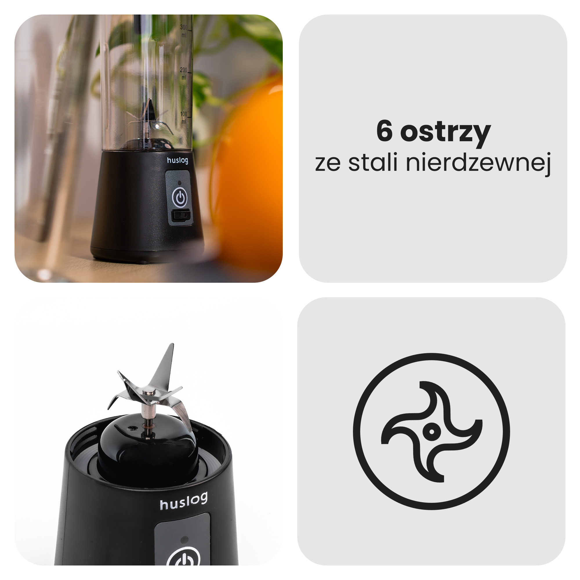 Czarny blender Huslog z sześcioma ostrzami i ikoną zasilania.