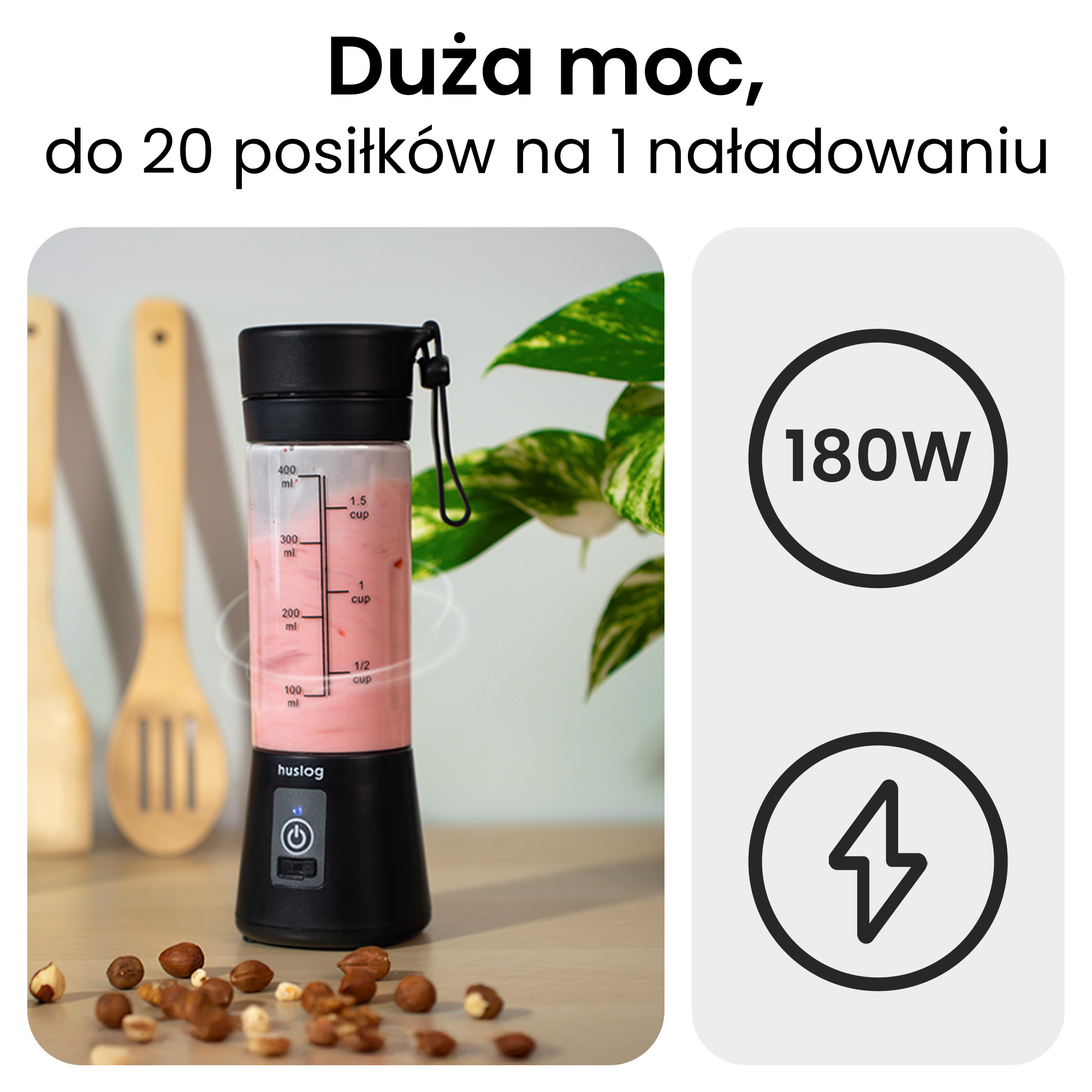 Przenośny blender 180W, wypełniony różowym płynem, orzechami i drewnianymi łyżkami.