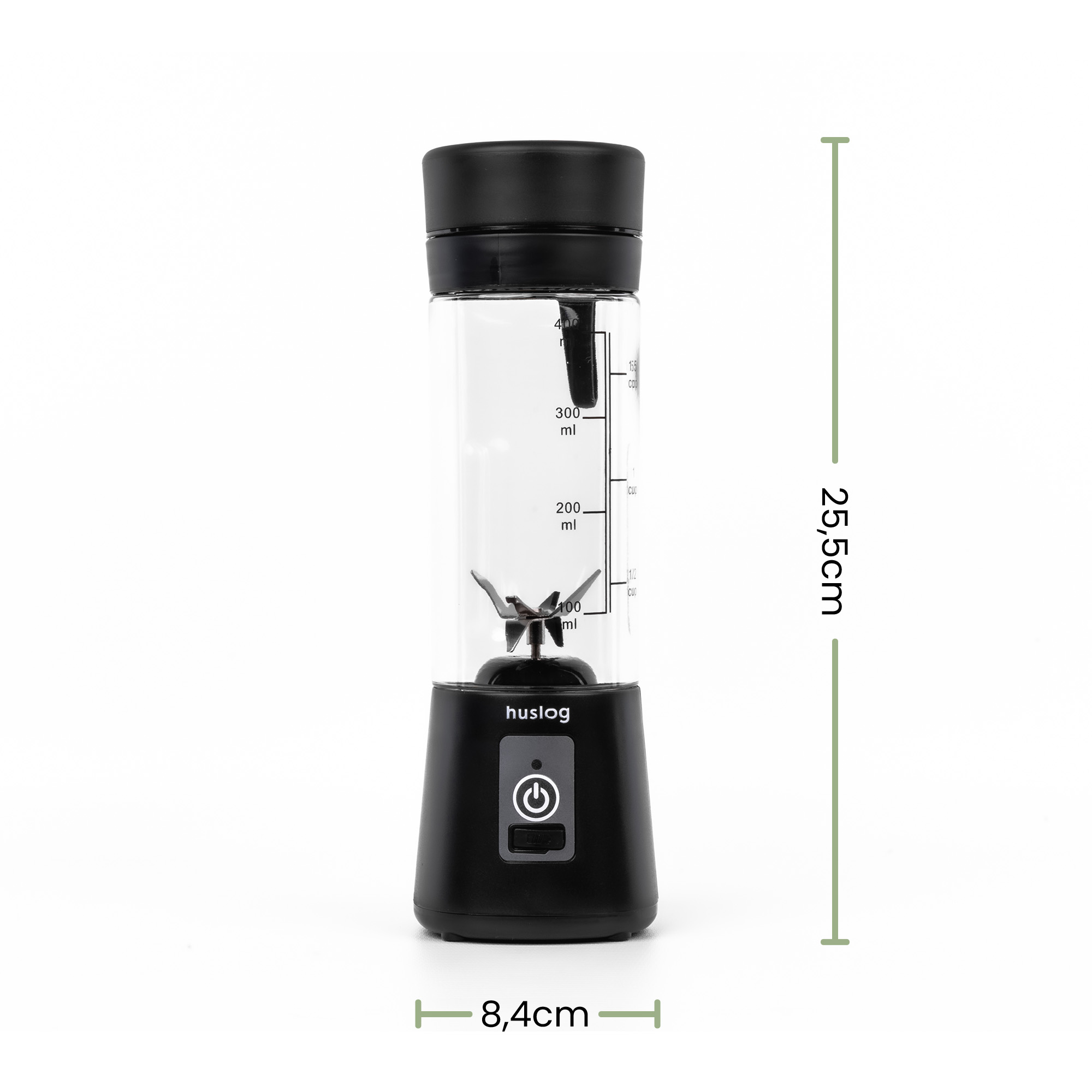 Czarny blender przenośny z przezroczystym dzbankiem, srebrnymi ostrzami i przyciskiem.