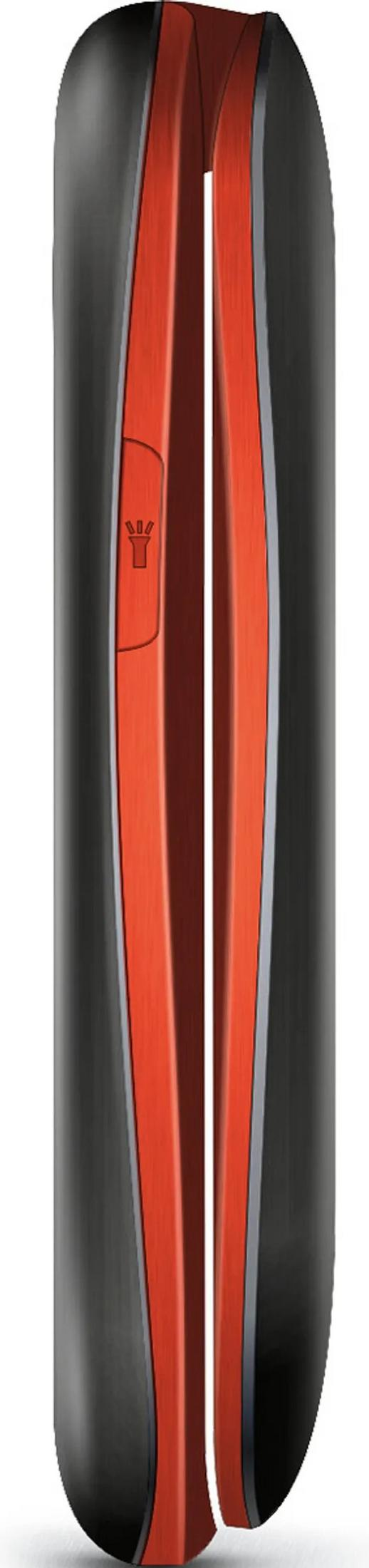 Dispositivo sottile nero e rosso con un'icona luminosa.