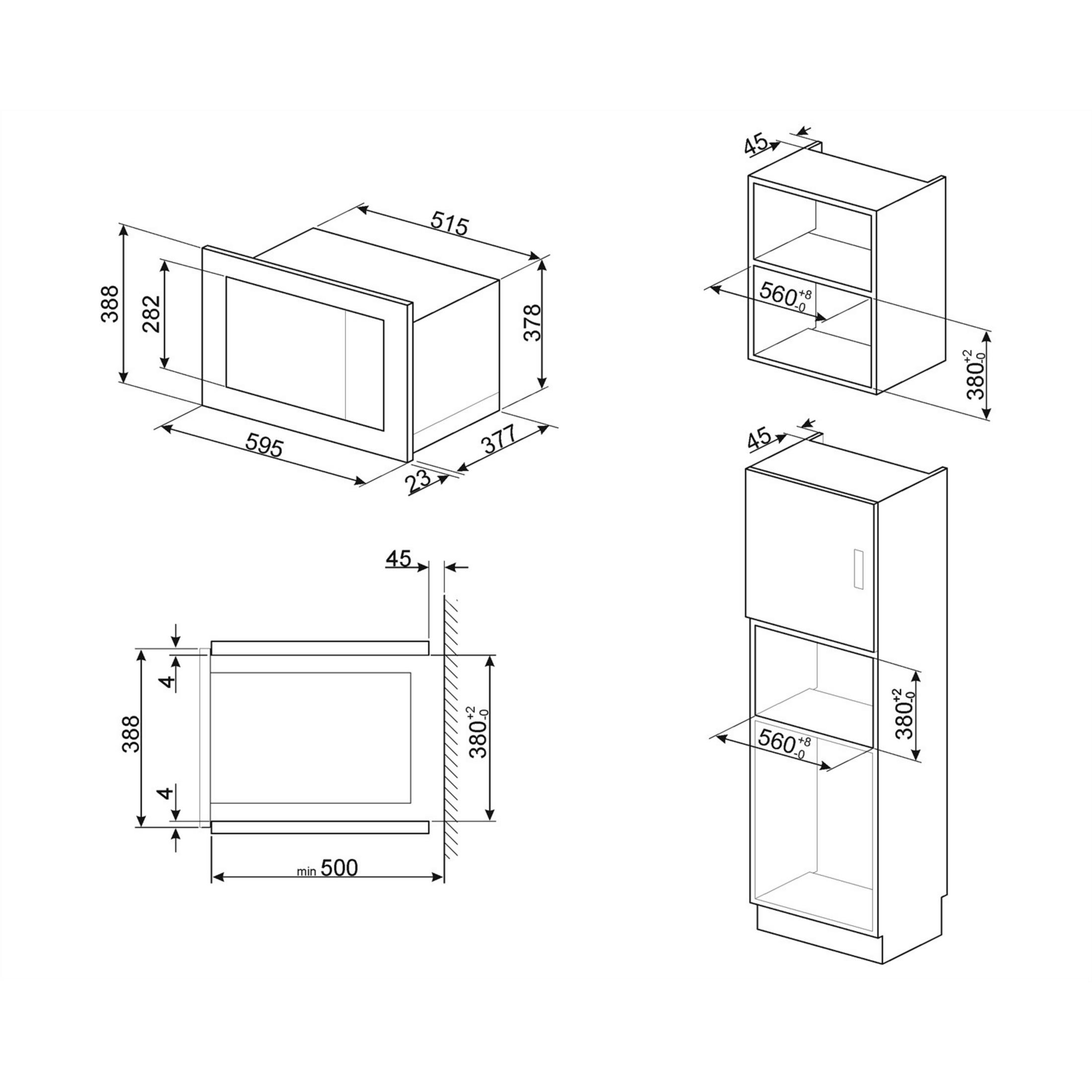 Disegno tecnico di un elettrodomestico da incasso con misure.