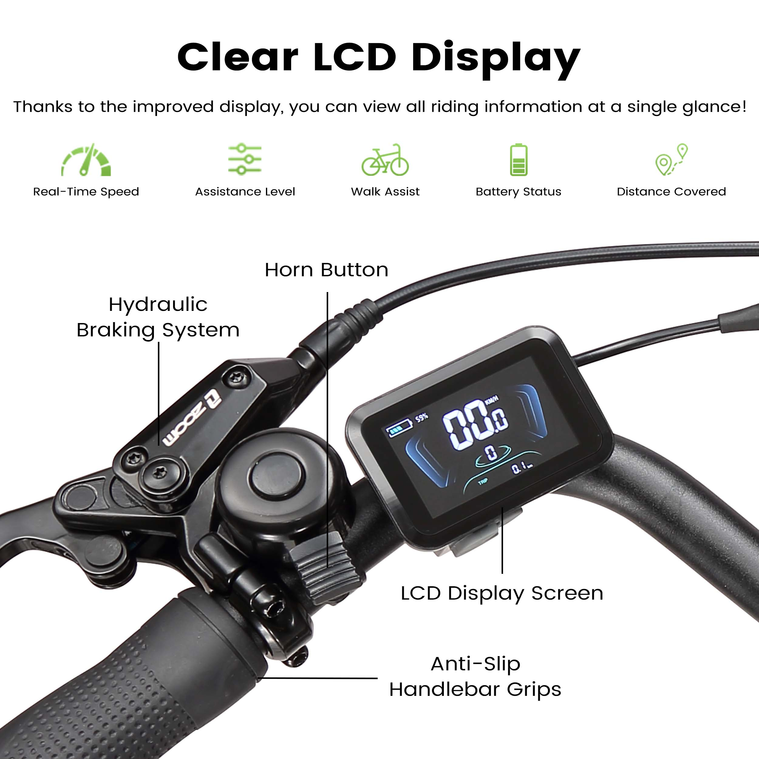 Zbliżenie kierownicy roweru elektrycznego, pokazujące wyświetlacz LCD, dźwignię hamulca i uchwyt.