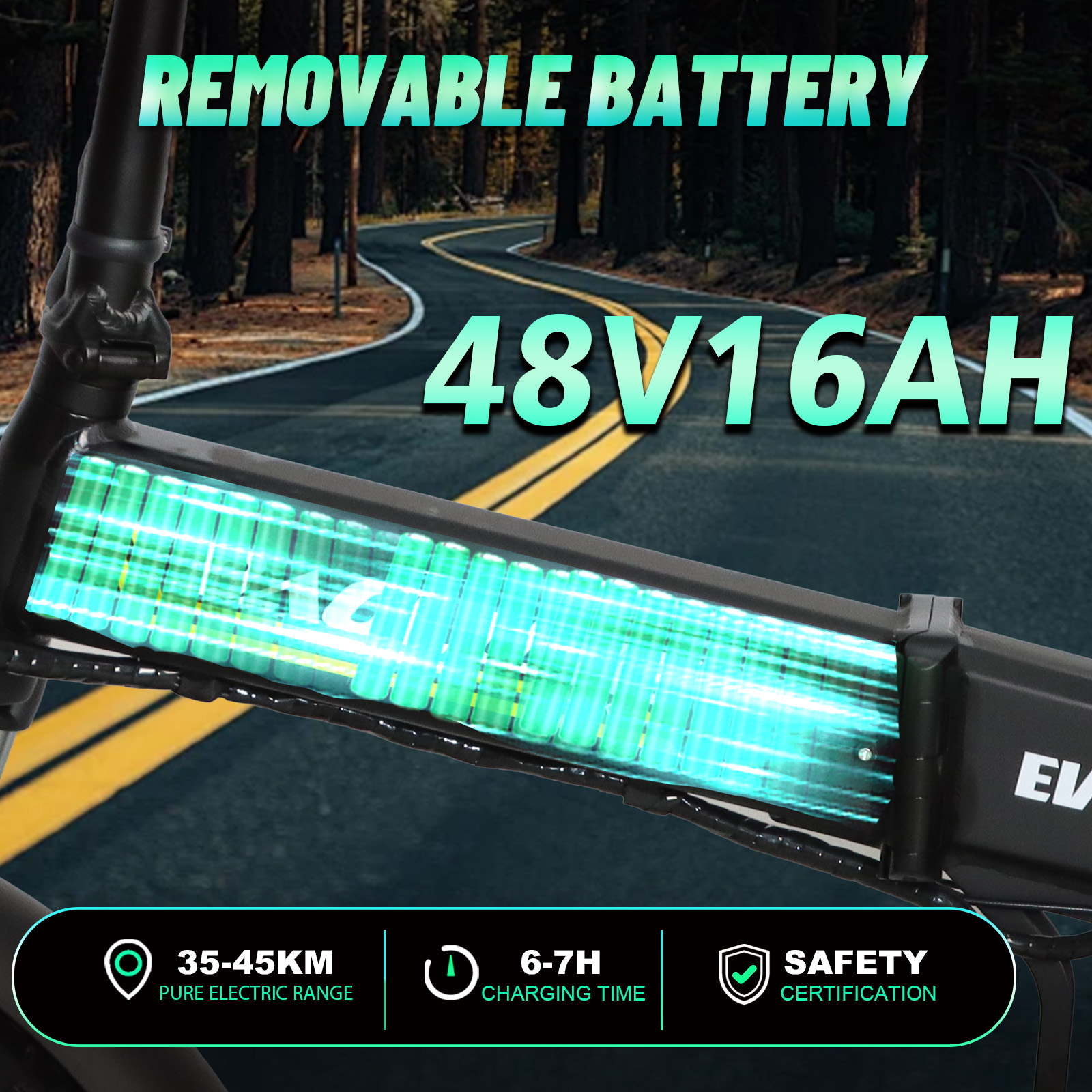 Wyjmowana bateria 48V16AH roweru elektrycznego na drodze w lesie.