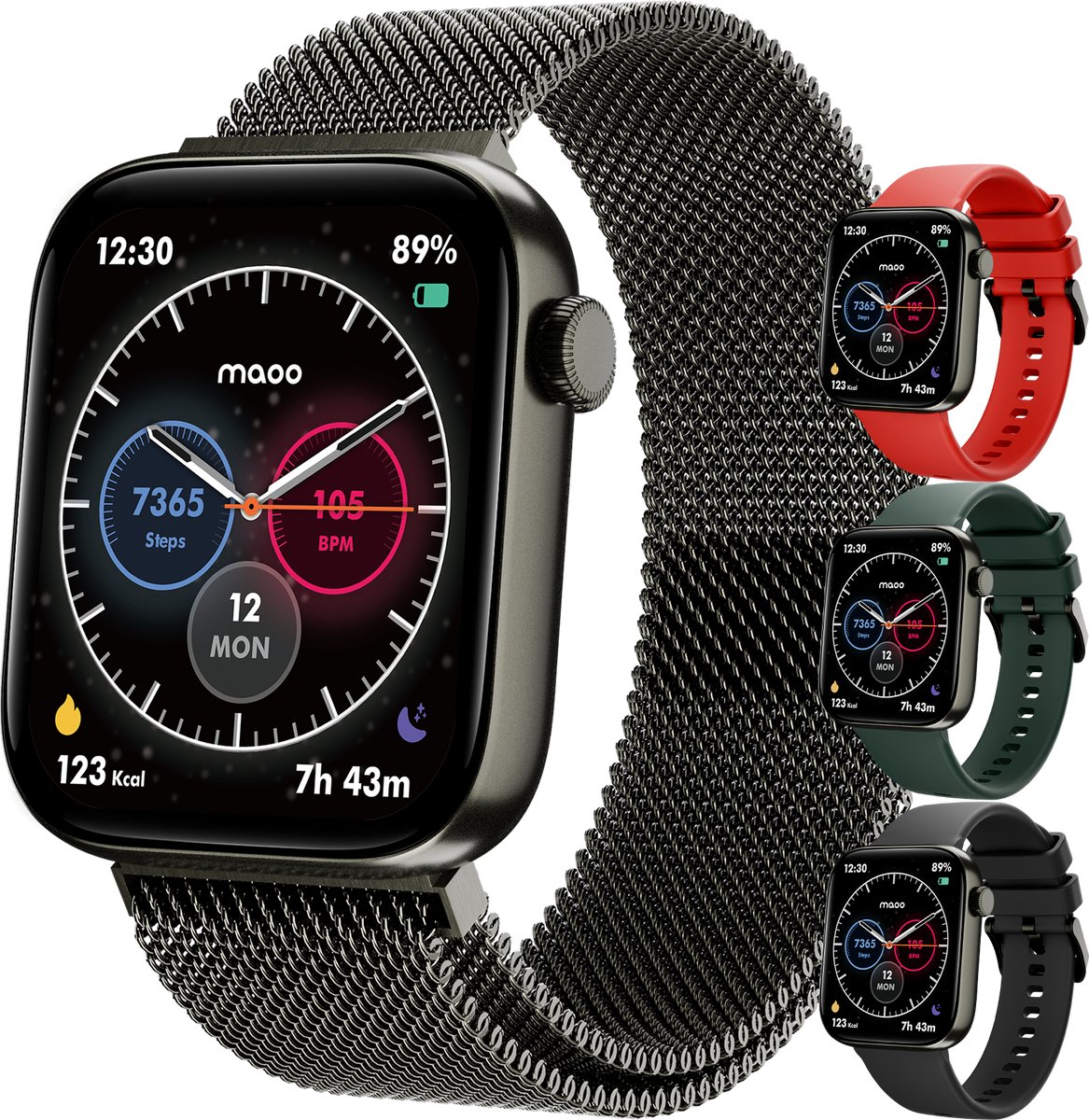 Orologio smart grigio con cinturino milanese nero e cinturini di ricambio.