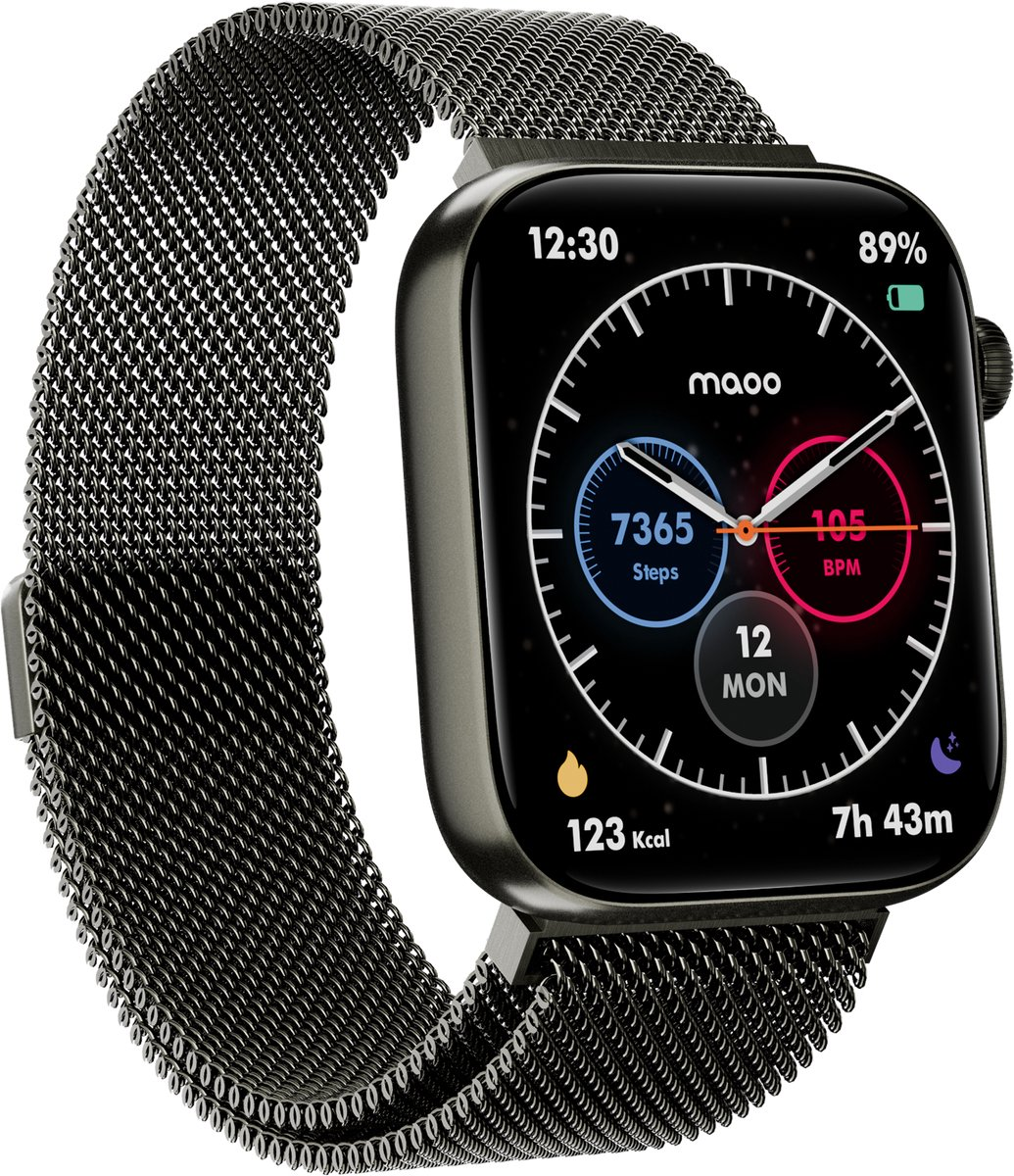 Smartwatch moderno con cinturino milanese nero, mostra 7365 passi, 105 BPM, 123 kcal.