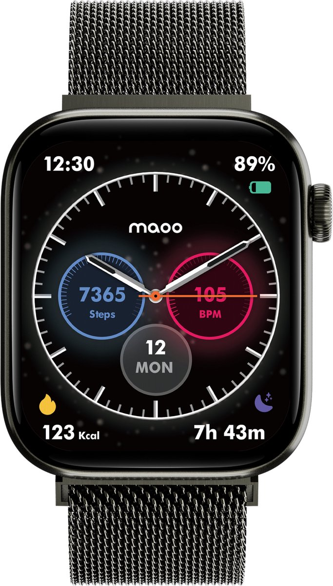 Uno smartwatch mostra le 12:30, 89% batteria, 7365 passi, 105 BPM, 123 kcal, 7h 43m.