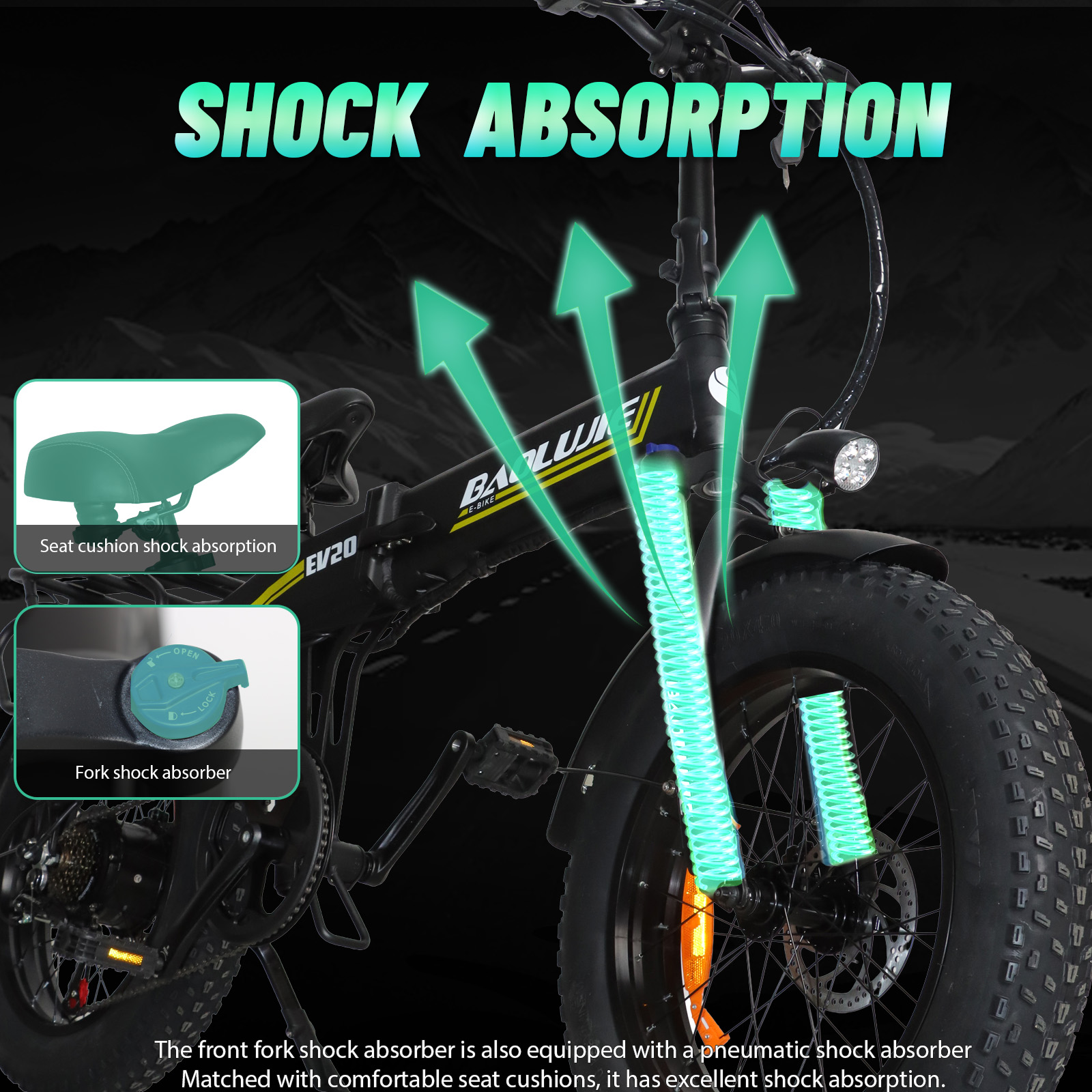 E-bike z amortyzacją: wyeksponowany widelec i siodełko.