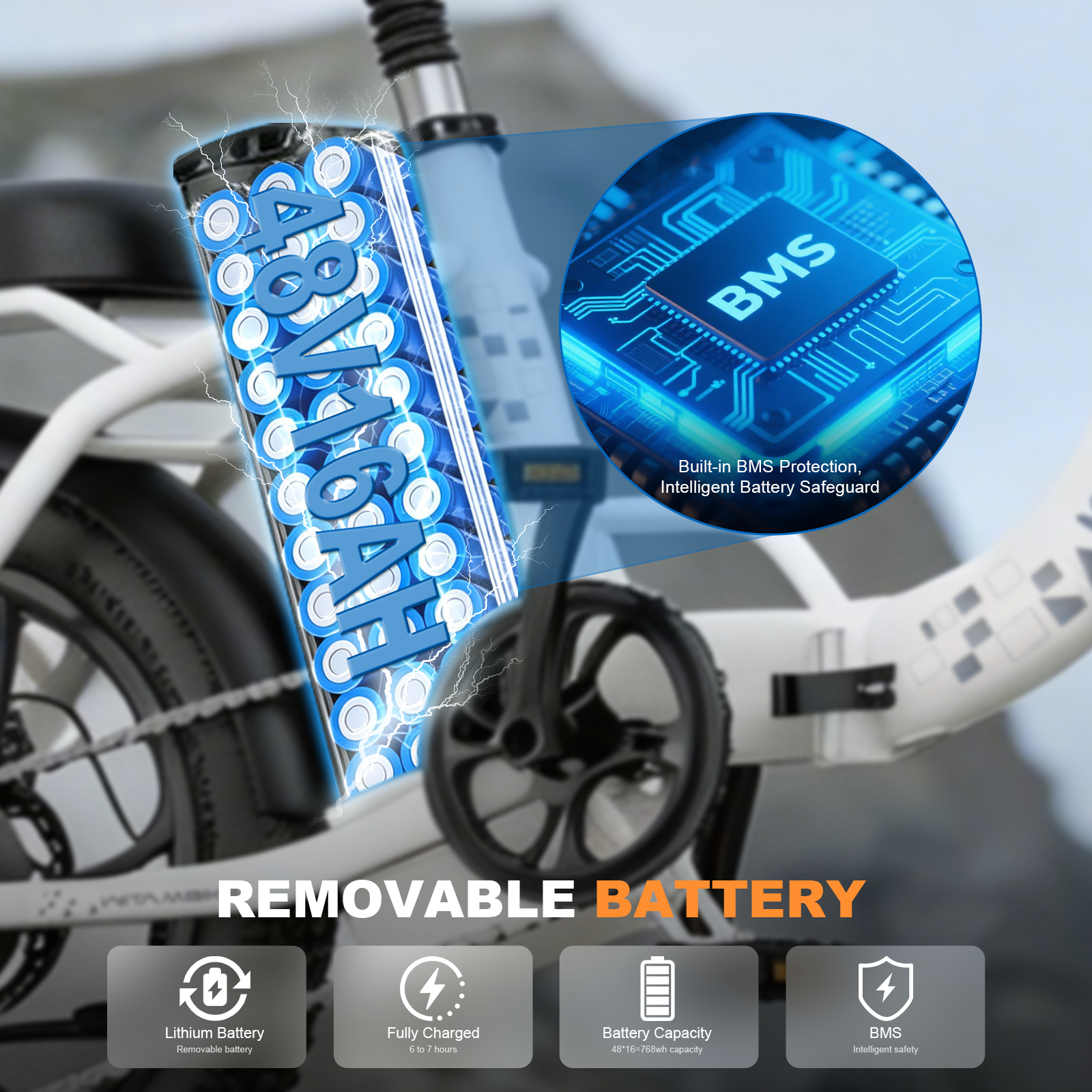 Wyjmowana bateria do roweru elektrycznego 48V 16AH z ochroną BMS.