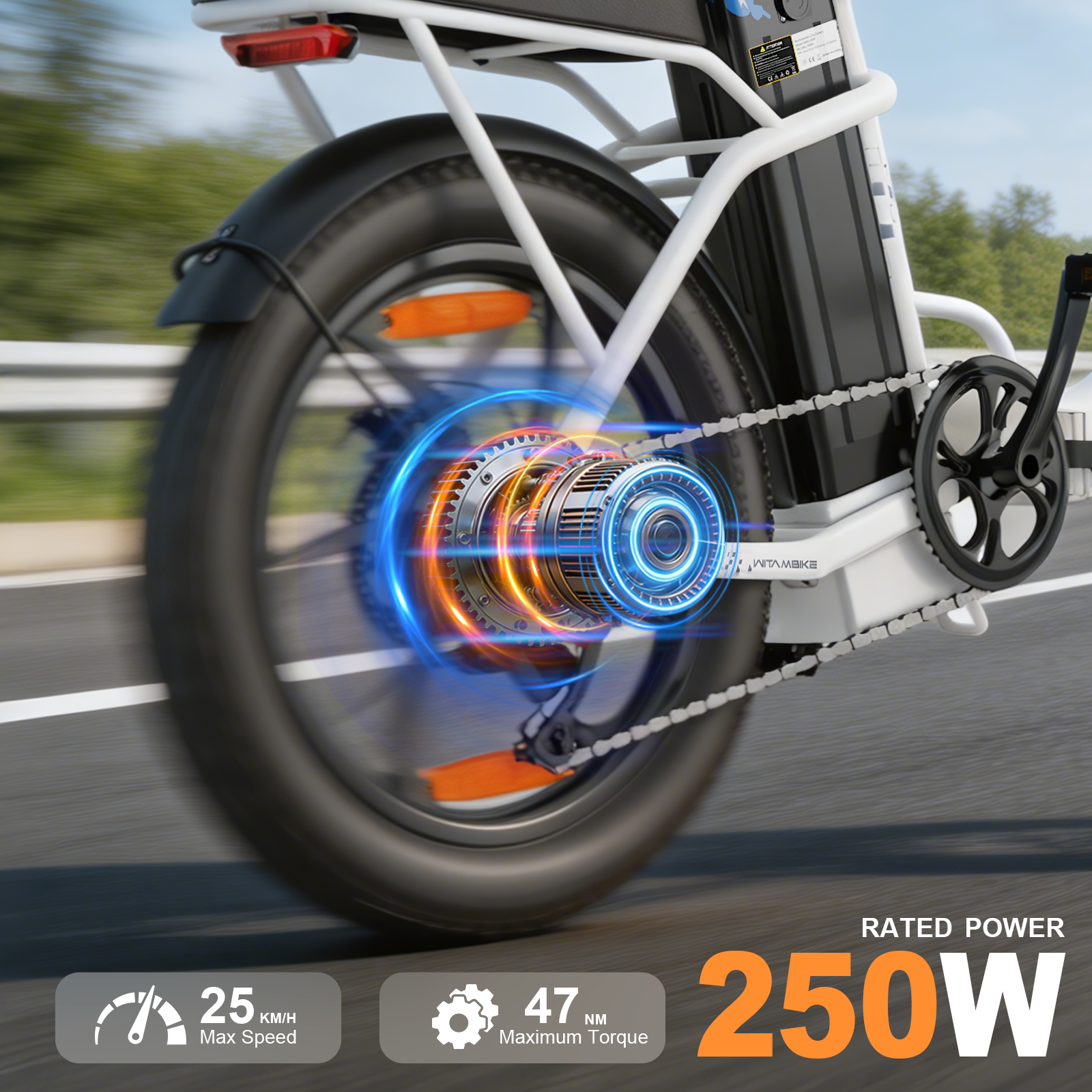 Zbliżenie tylnego koła roweru elektrycznego ze świecącym silnikiem i danymi technicznymi.