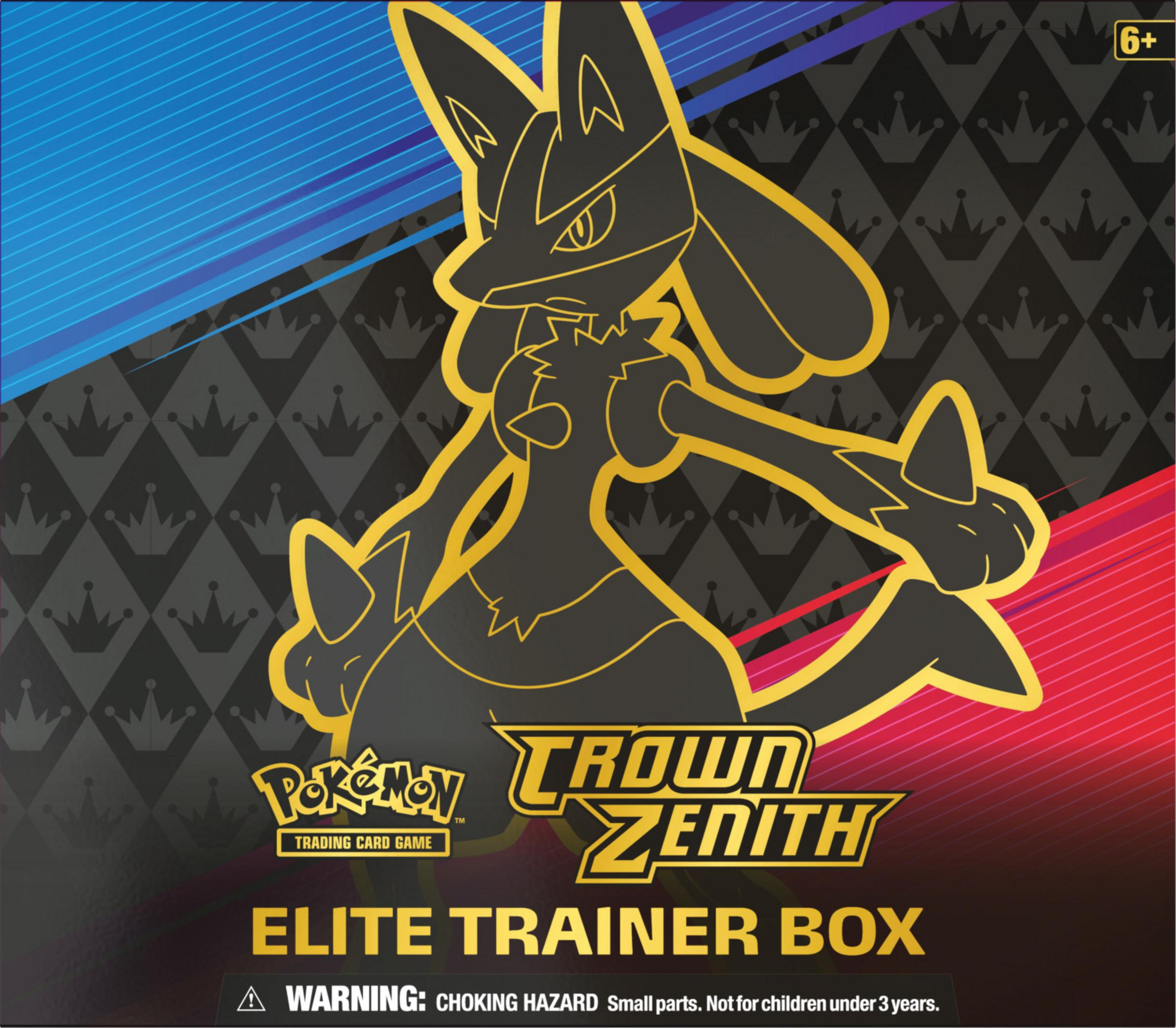 Pokémon Elite Trainer Box mit Lucario-Motiv und Warnhinweis.