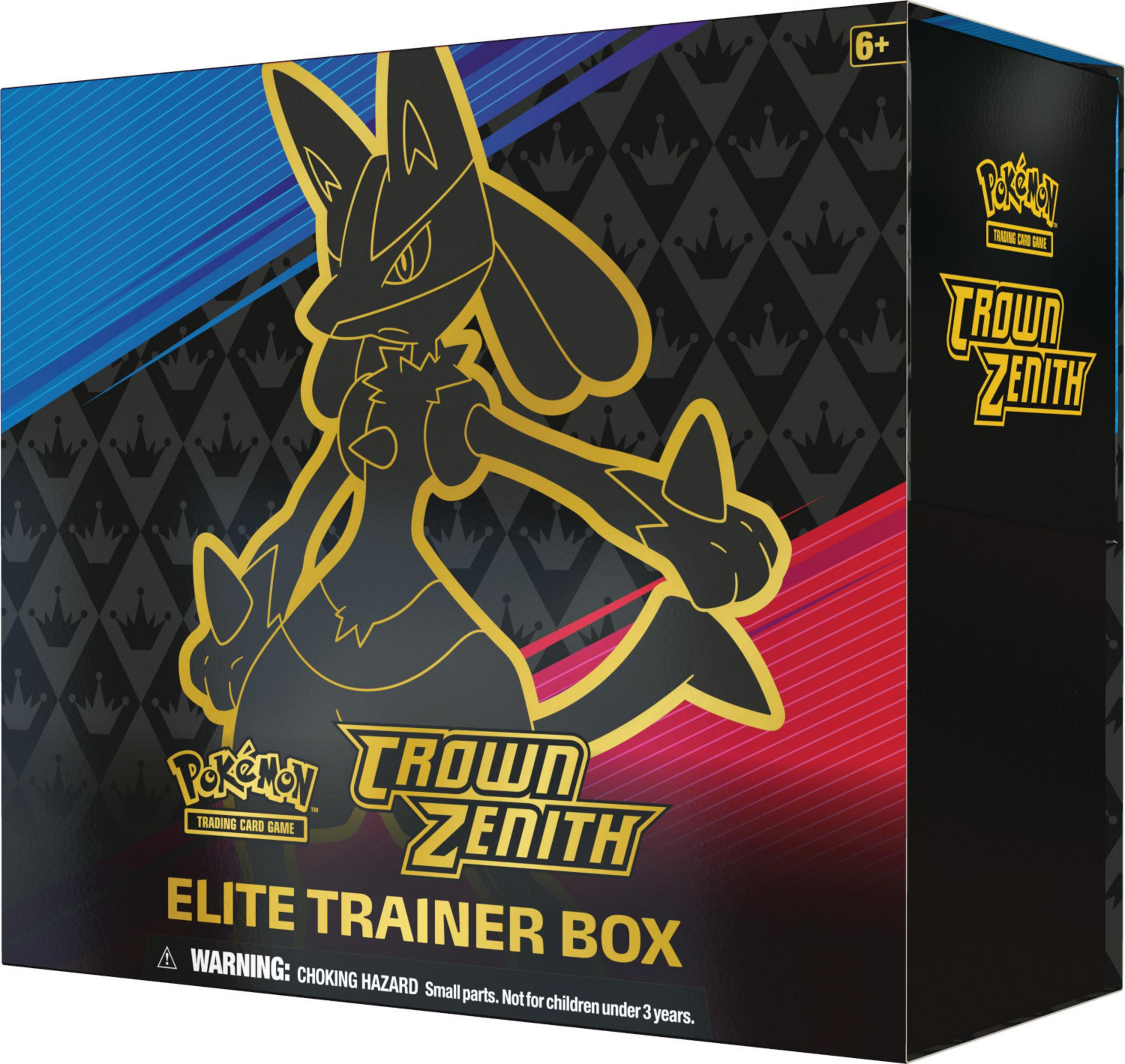 Pokemon Crown Zenith Elite Trainer Box mit Lucario-Motiv, Warnhinweis.