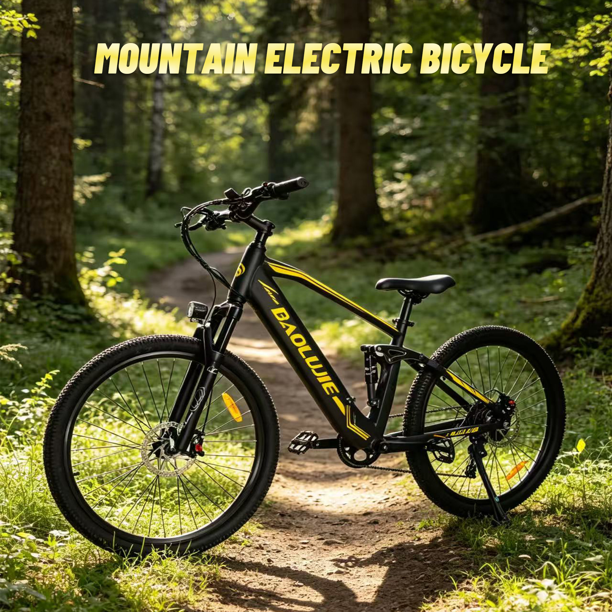 Czarny rower elektryczny typu mountain bike z żółtymi akcentami na leśnej ścieżce.