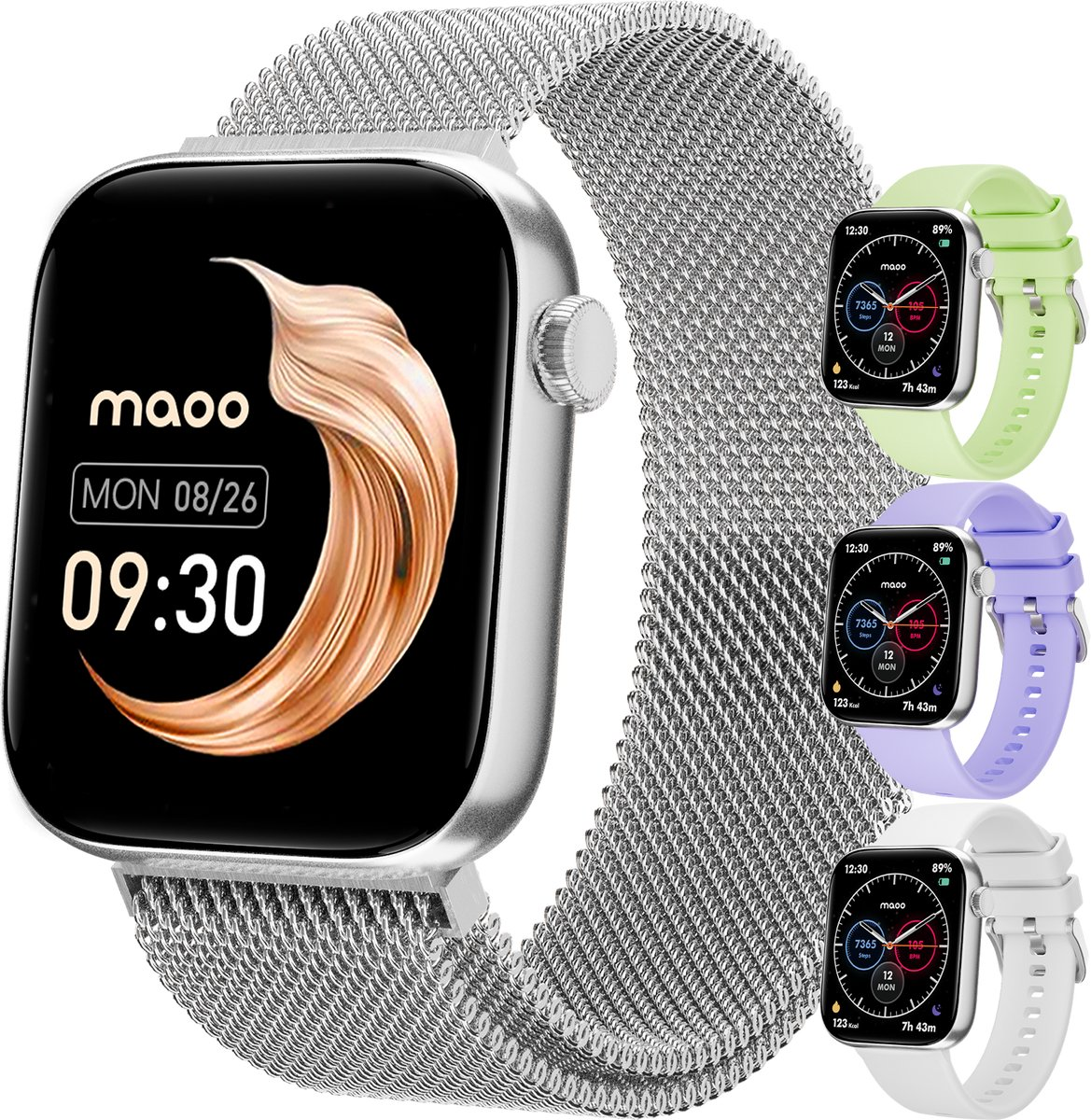 Smartwatch argento con cinturino milanese e tre cinturini di ricambio verdi, viola e bianchi.