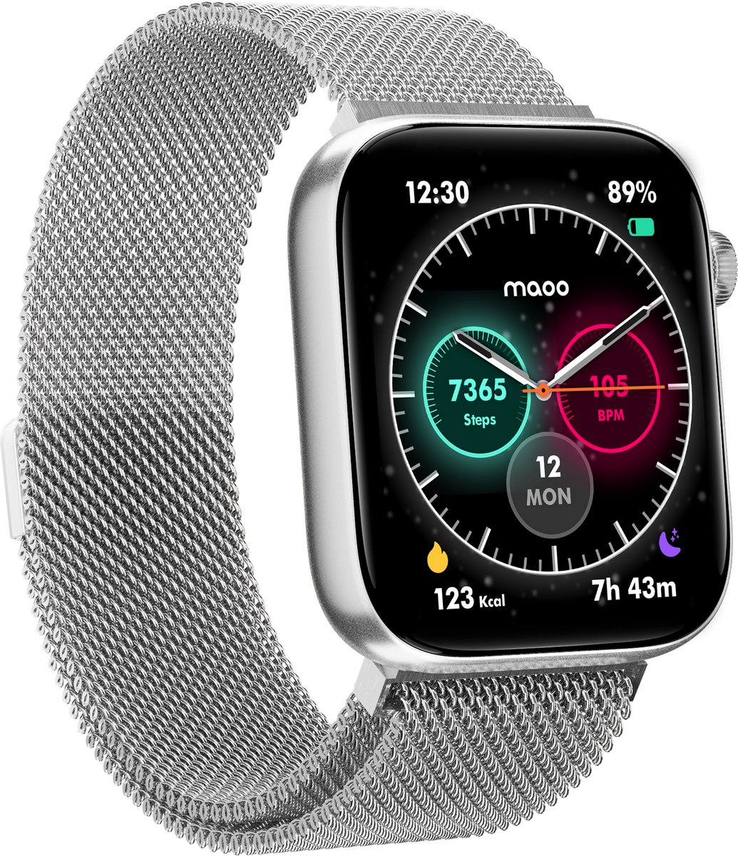 Smartwatch argentato con cinturino in mesh che mostra 7365 passi, 105 BPM, 123 Kcal.