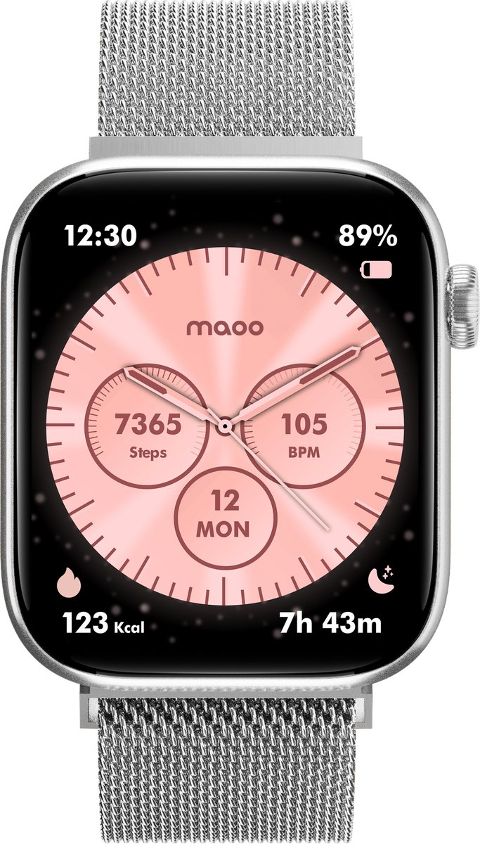 Smartwatch argento con quadrante rosa: 7365 passi, 105 BPM, 12 LUN, 123 Kcal.