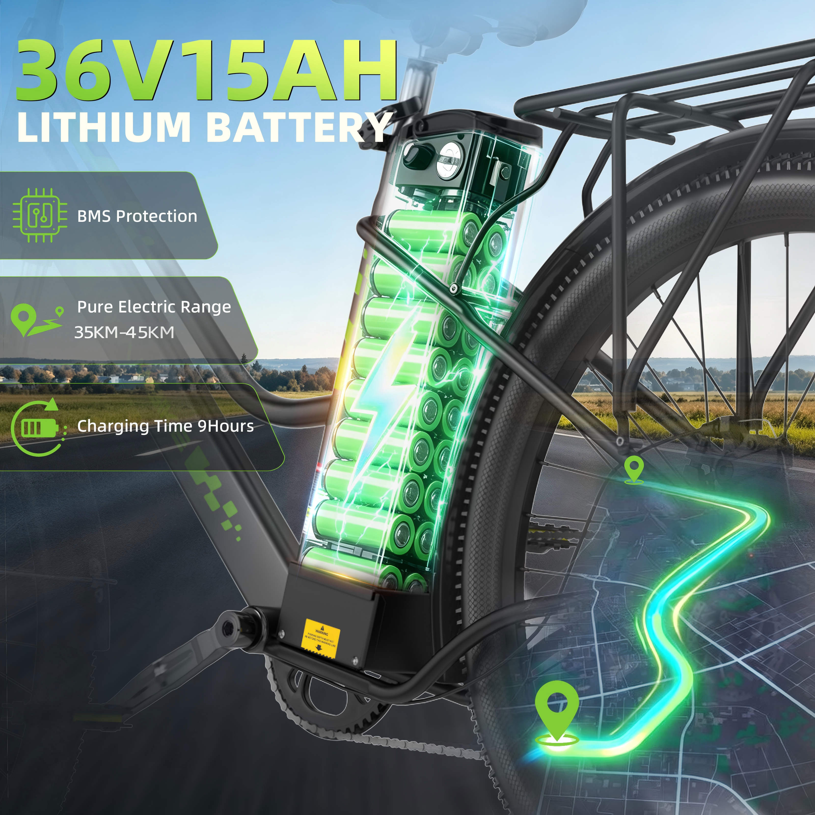 Bateria e-bike: 36V 15AH Lit, ochrona BMS, zasięg 35-45km, 9h ładowania.